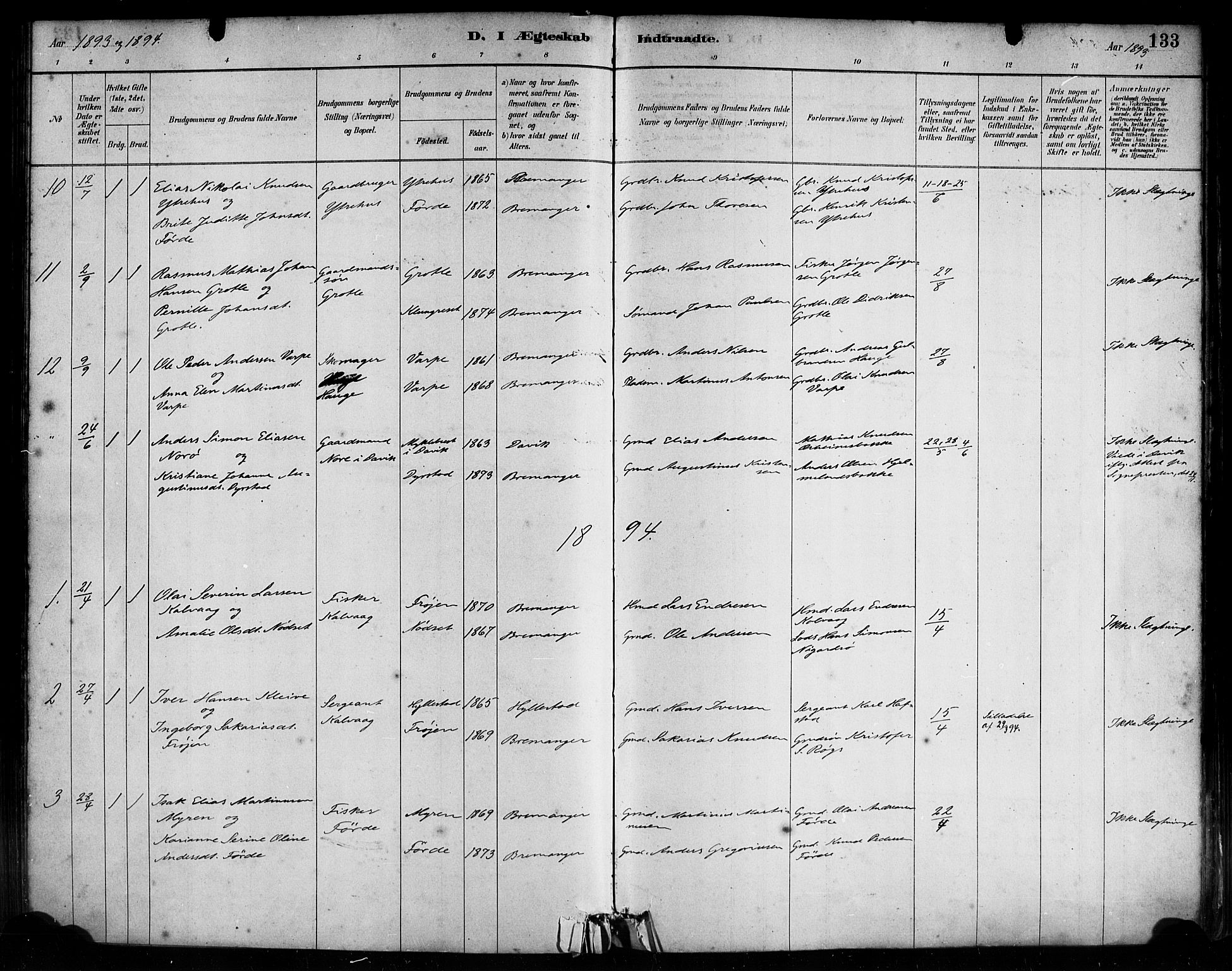Bremanger sokneprestembete, AV/SAB-A-82201/H/Haa/Haab/L0001: Parish register (official) no. B 1, 1884-1895, p. 133