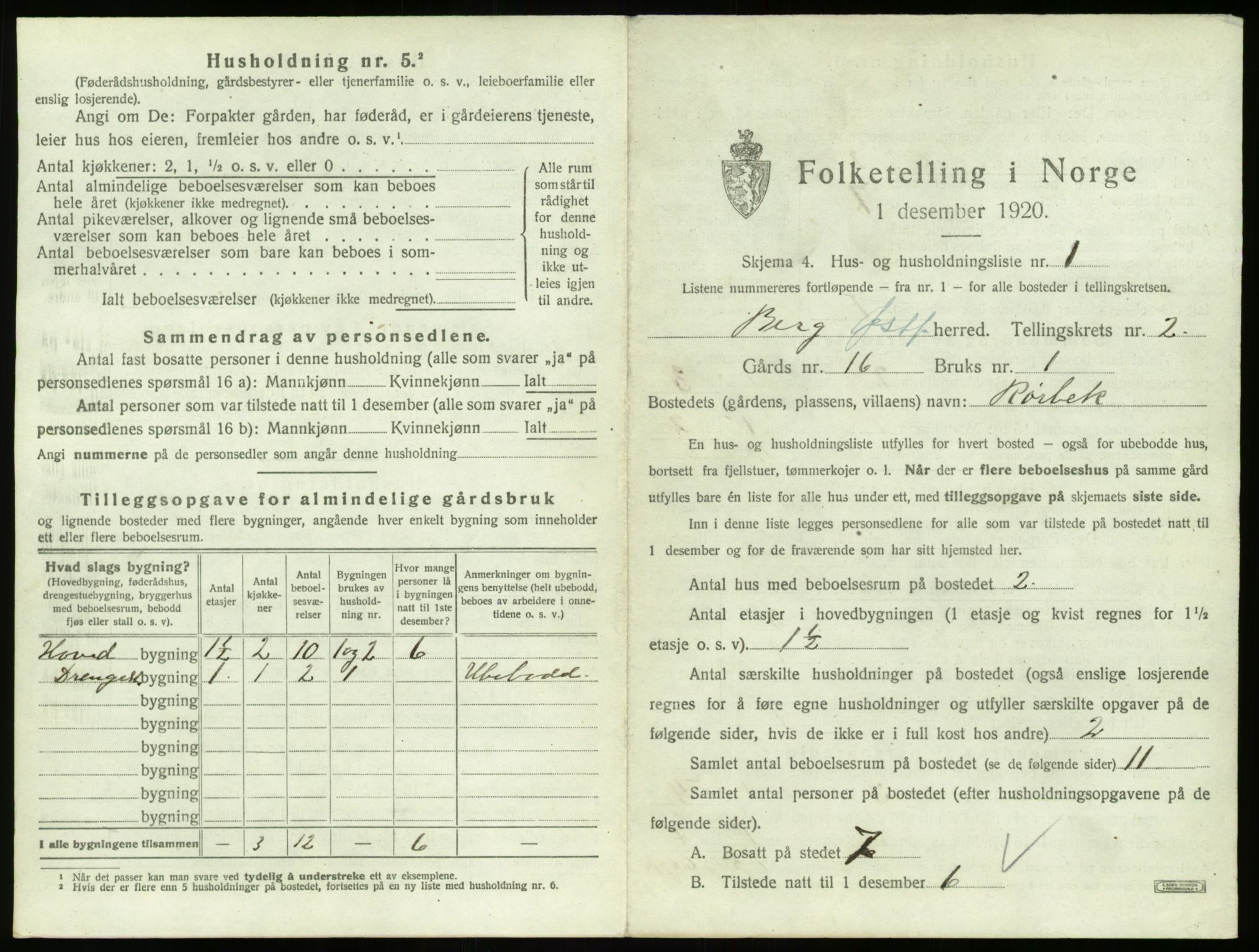 SAO, 1920 census for Berg, 1920, p. 264