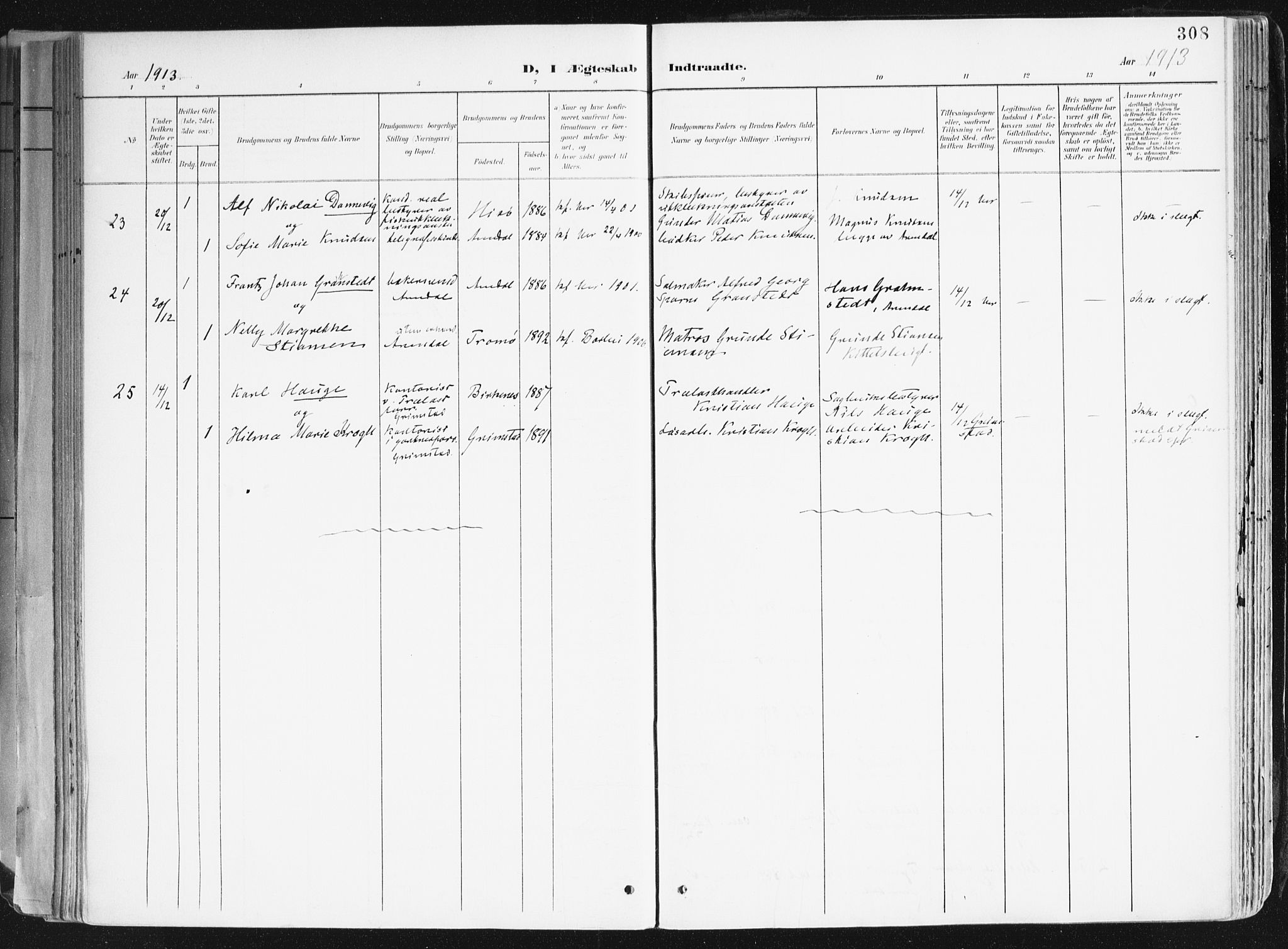 Arendal sokneprestkontor, Trefoldighet, AV/SAK-1111-0040/F/Fa/L0010: Parish register (official) no. A 10, 1900-1919, p. 308