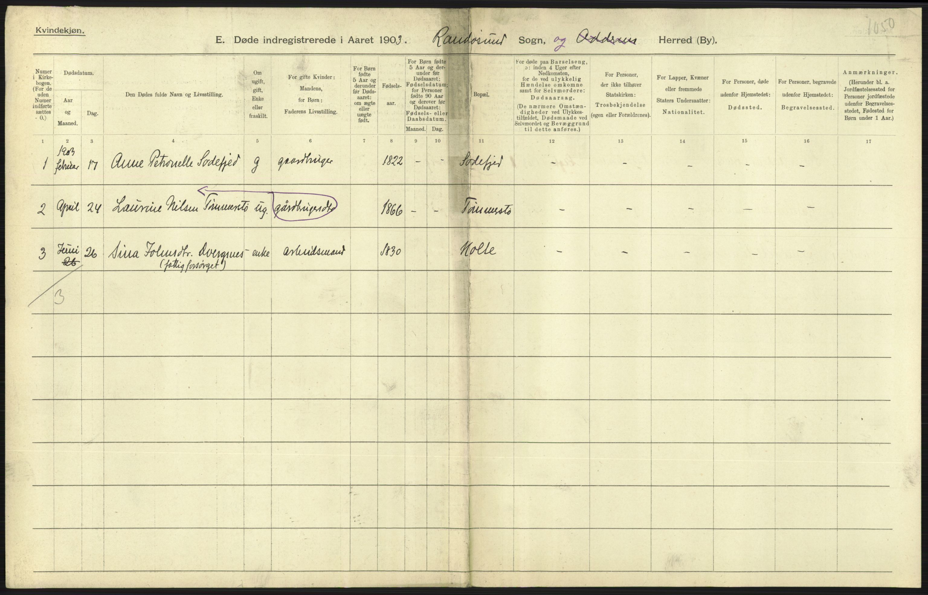 Statistisk sentralbyrå, Sosiodemografiske emner, Befolkning, AV/RA-S-2228/D/Df/Dfa/Dfaa/L0011: Lister og Mandal amt: Fødte, gifte, døde, 1903, p. 503