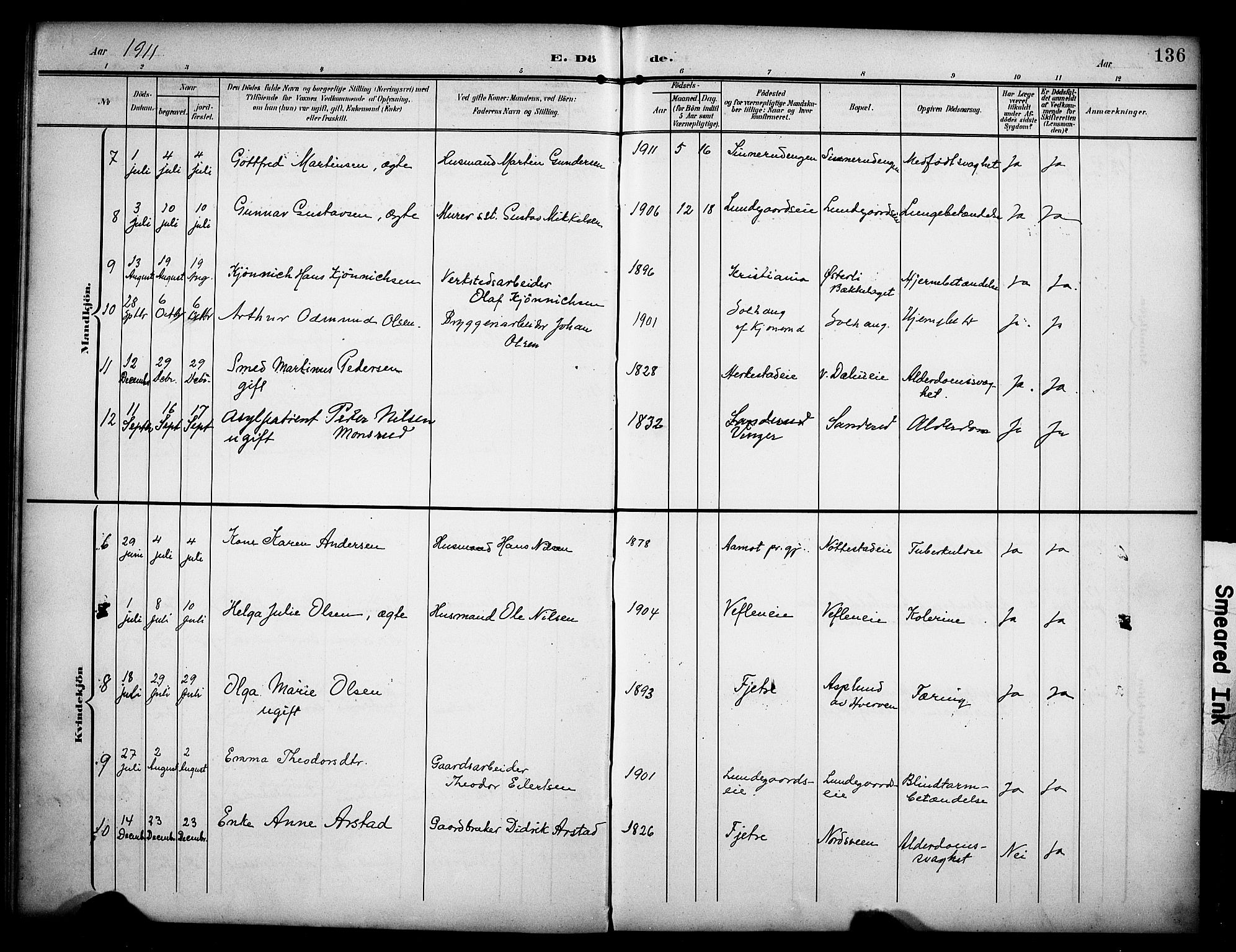Stange prestekontor, AV/SAH-PREST-002/K/L0022: Parish register (official) no. 22, 1903-1914, p. 136