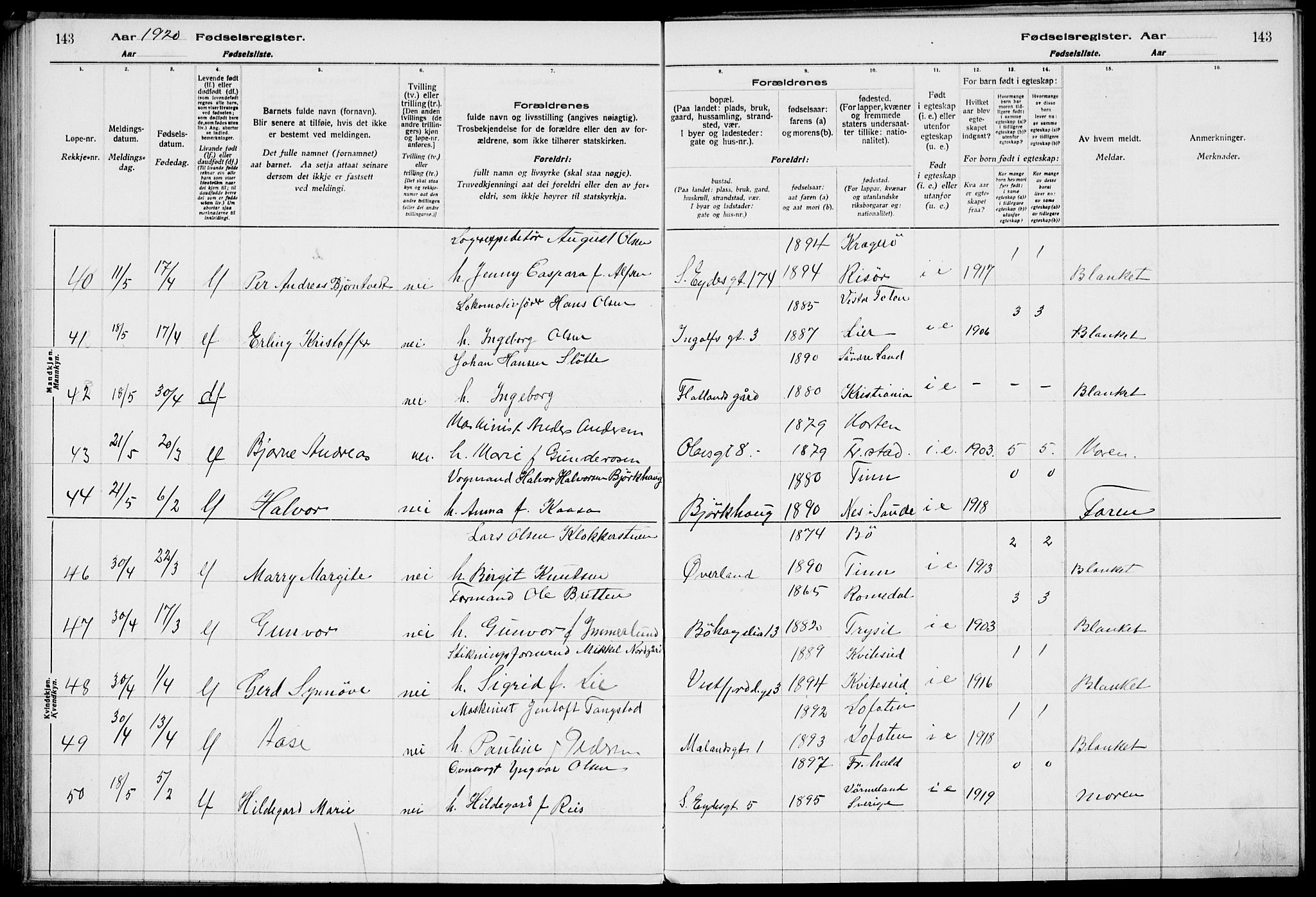 Rjukan kirkebøker, AV/SAKO-A-294/J/Ja/L0001: Birth register no. 1, 1916-1922, p. 143