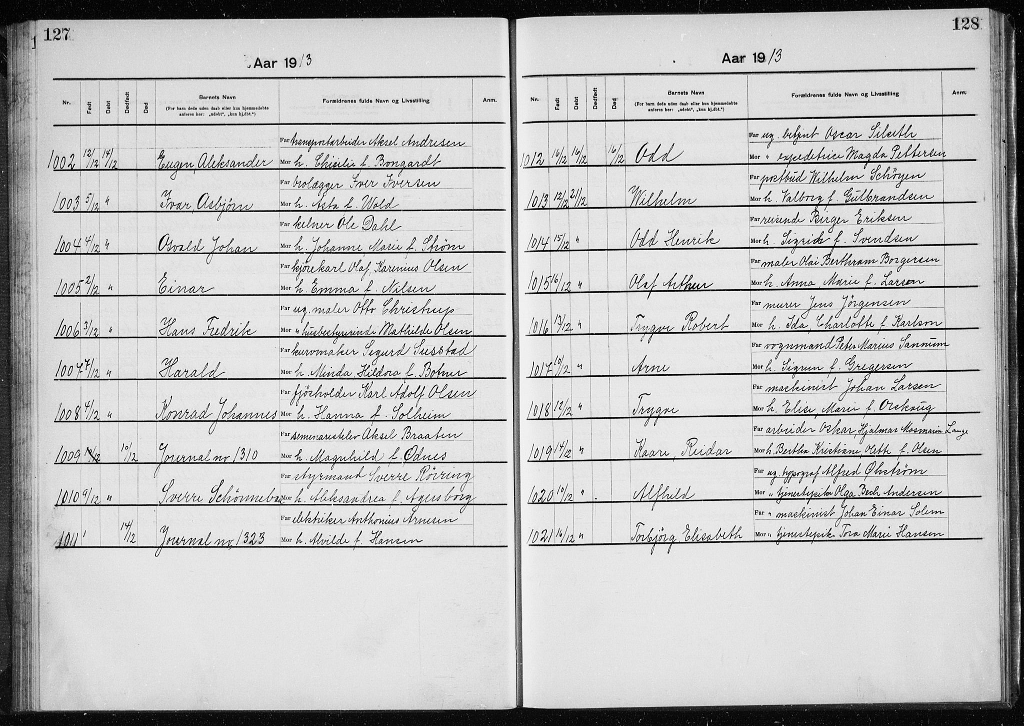 Rikshospitalet prestekontor Kirkebøker, AV/SAO-A-10309b/K/L0007/0002: Baptism register no. 7.2, 1912-1914, p. 127-128