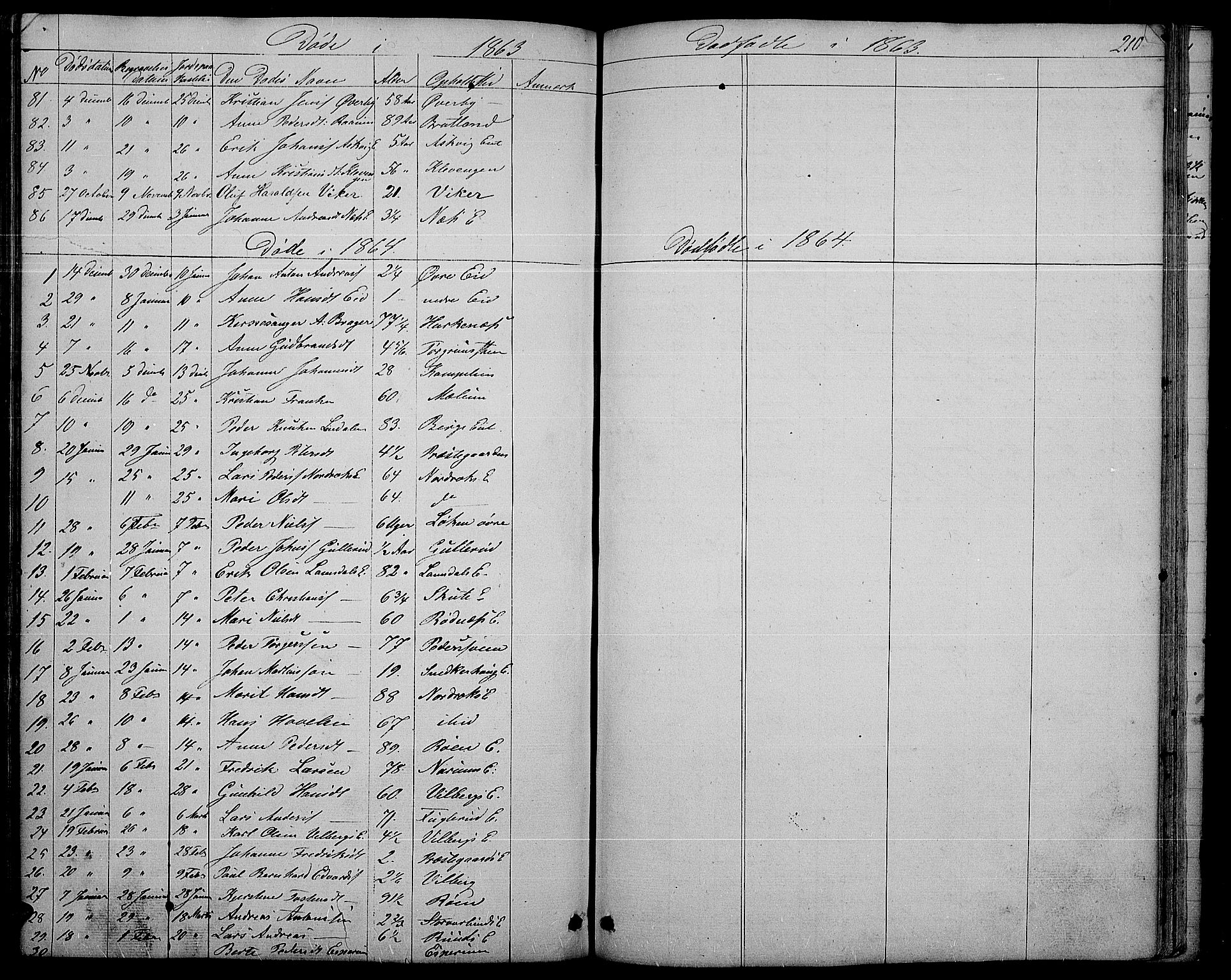 Søndre Land prestekontor, SAH/PREST-122/L/L0001: Parish register (copy) no. 1, 1849-1883, p. 210