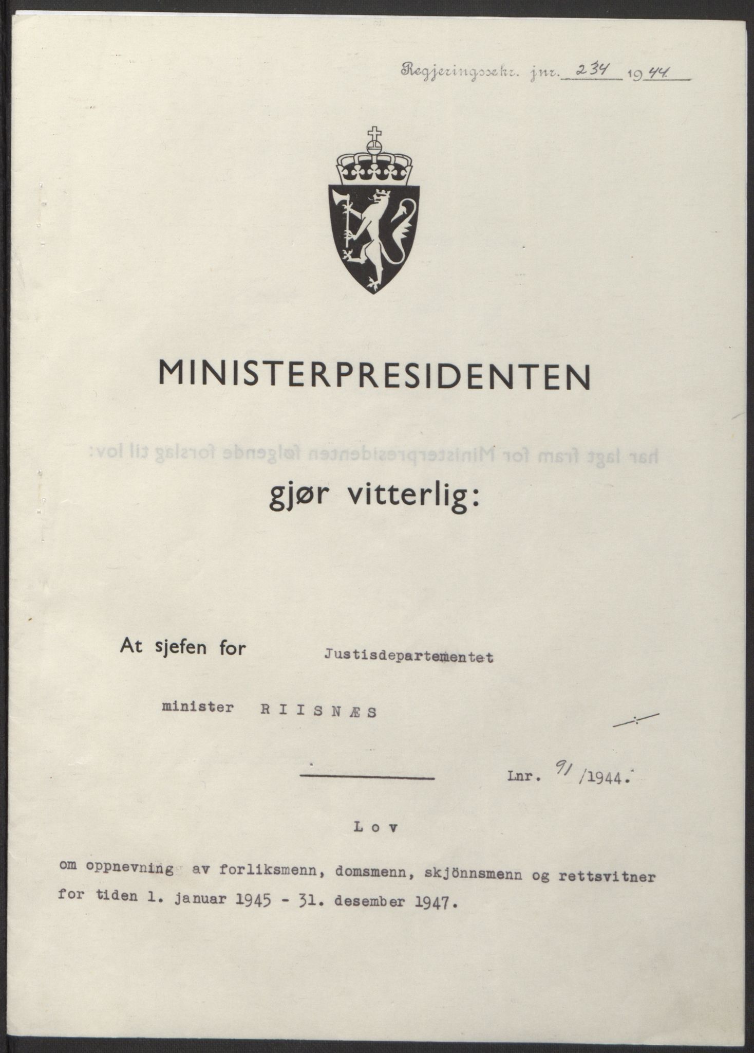 NS-administrasjonen 1940-1945 (Statsrådsekretariatet, de kommisariske statsråder mm), RA/S-4279/D/Db/L0100: Lover, 1944, p. 430