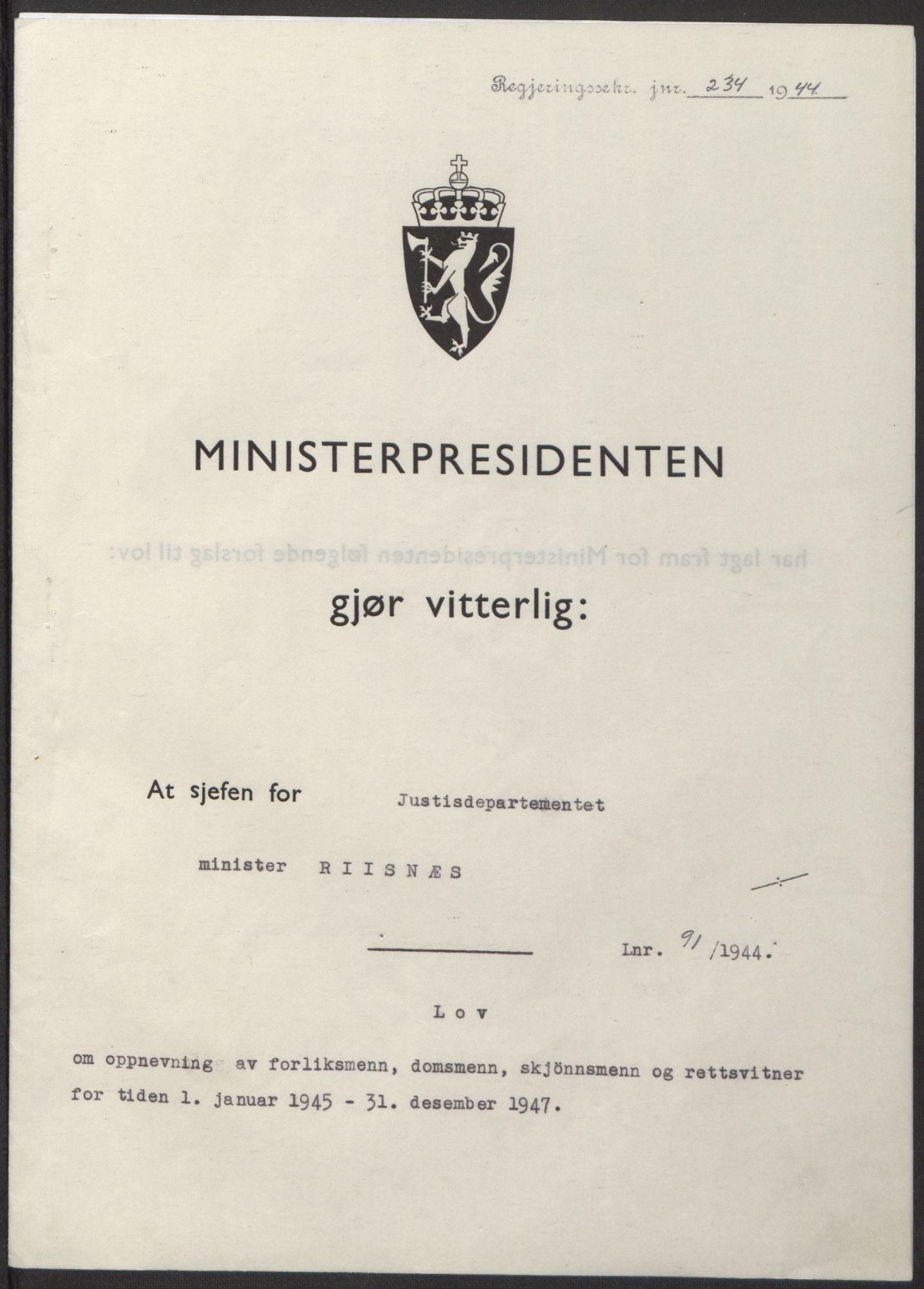 NS-administrasjonen 1940-1945 (Statsrådsekretariatet, de kommisariske statsråder mm), AV/RA-S-4279/D/Db/L0100: Lover, 1944, p. 430