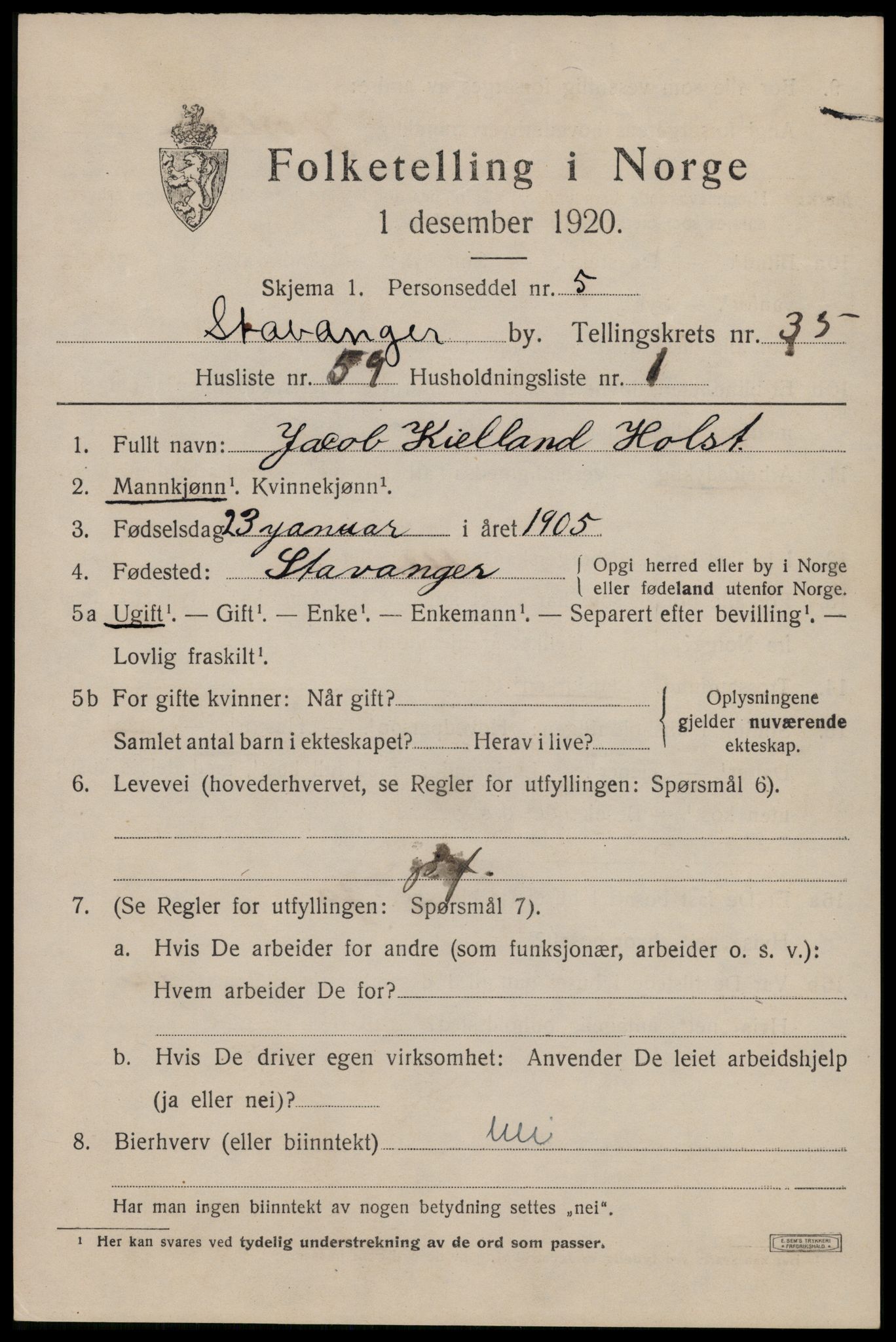 SAST, 1920 census for Stavanger, 1920, p. 94722