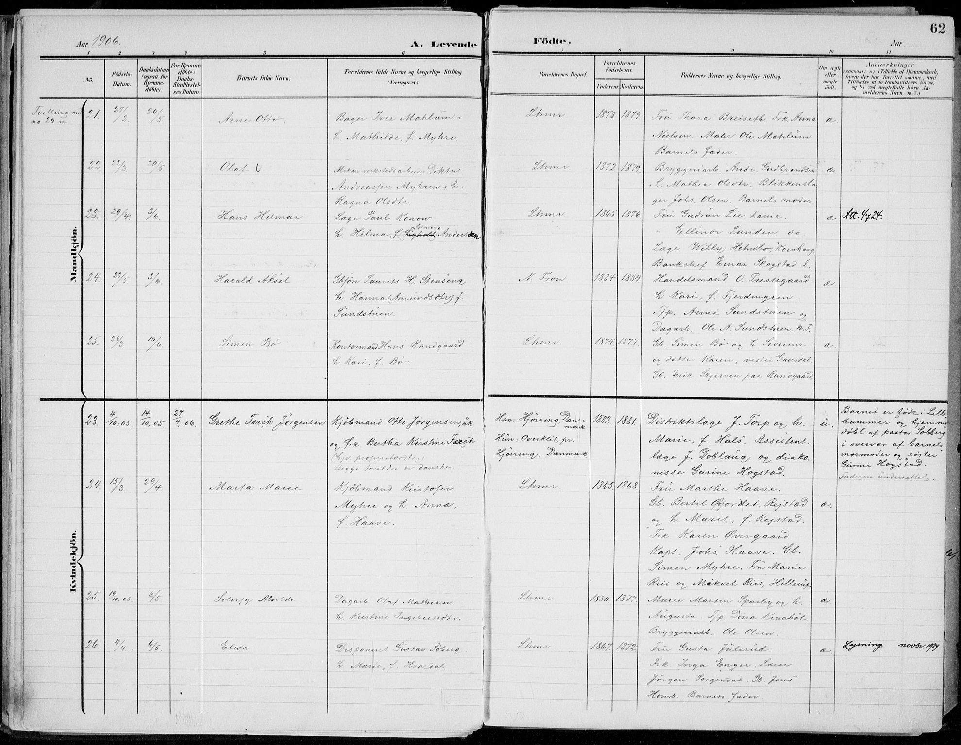 Lillehammer prestekontor, SAH/PREST-088/H/Ha/Haa/L0001: Parish register (official) no. 1, 1901-1916, p. 62