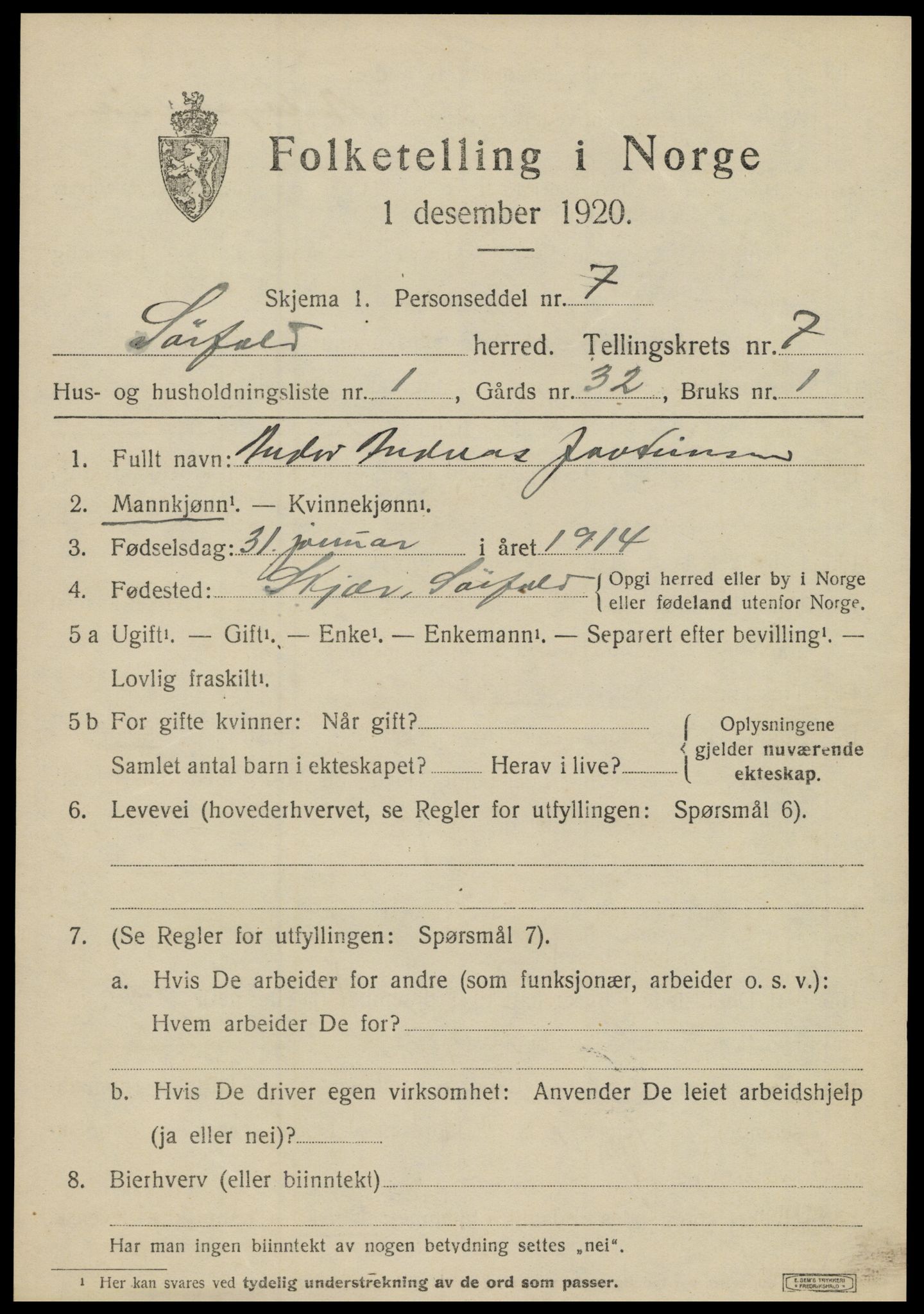 SAT, 1920 census for Sørfold, 1920, p. 3813
