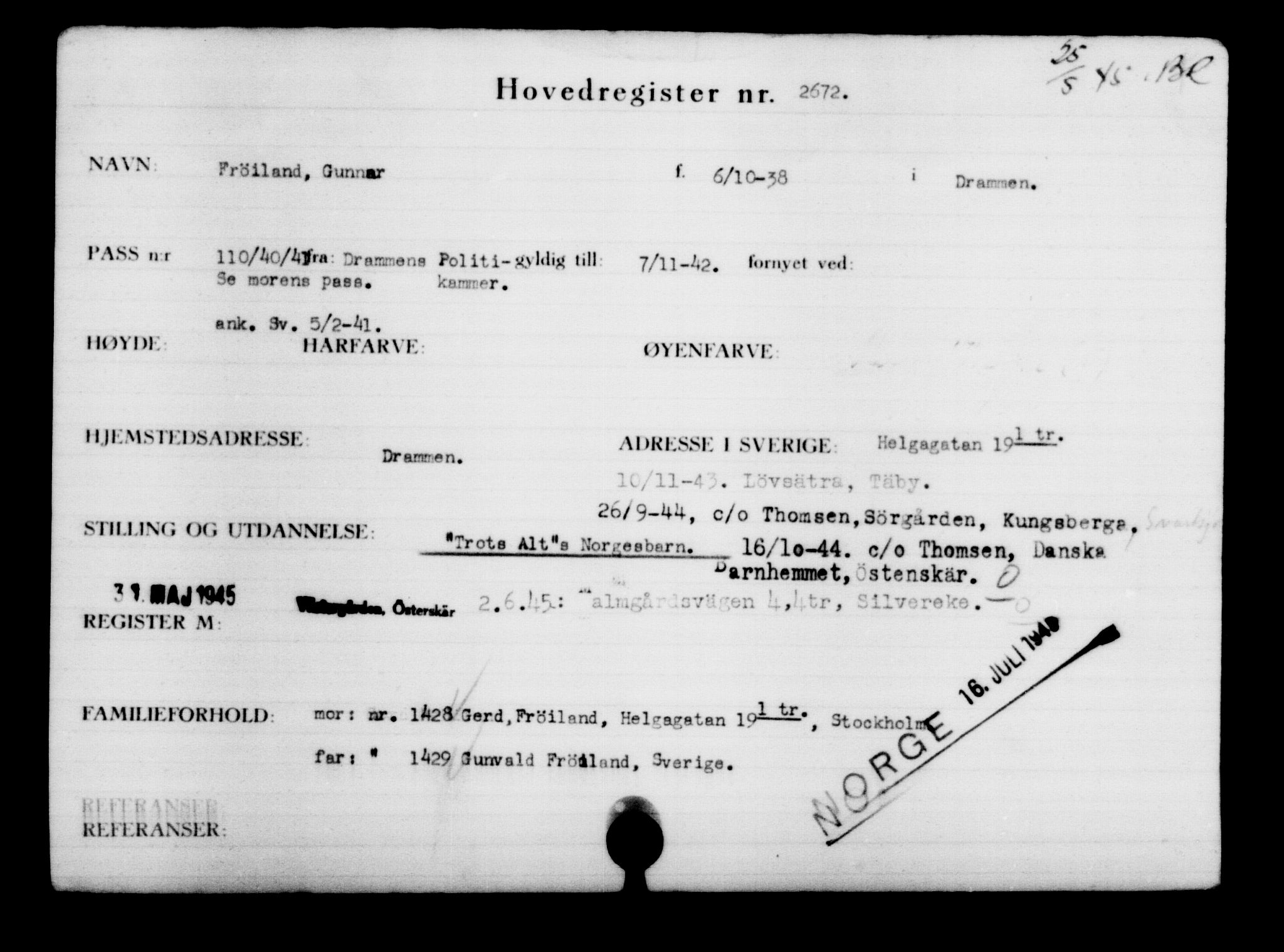 Utenriksstasjonene, Legasjonen i Stockholm, Flyktningkontoret, AV/RA-S-6753/V/Va/L0003: Kjesäterkartoteket, flyktninger med registreringsnr. 2001-3495, 1940-1945, p. 640