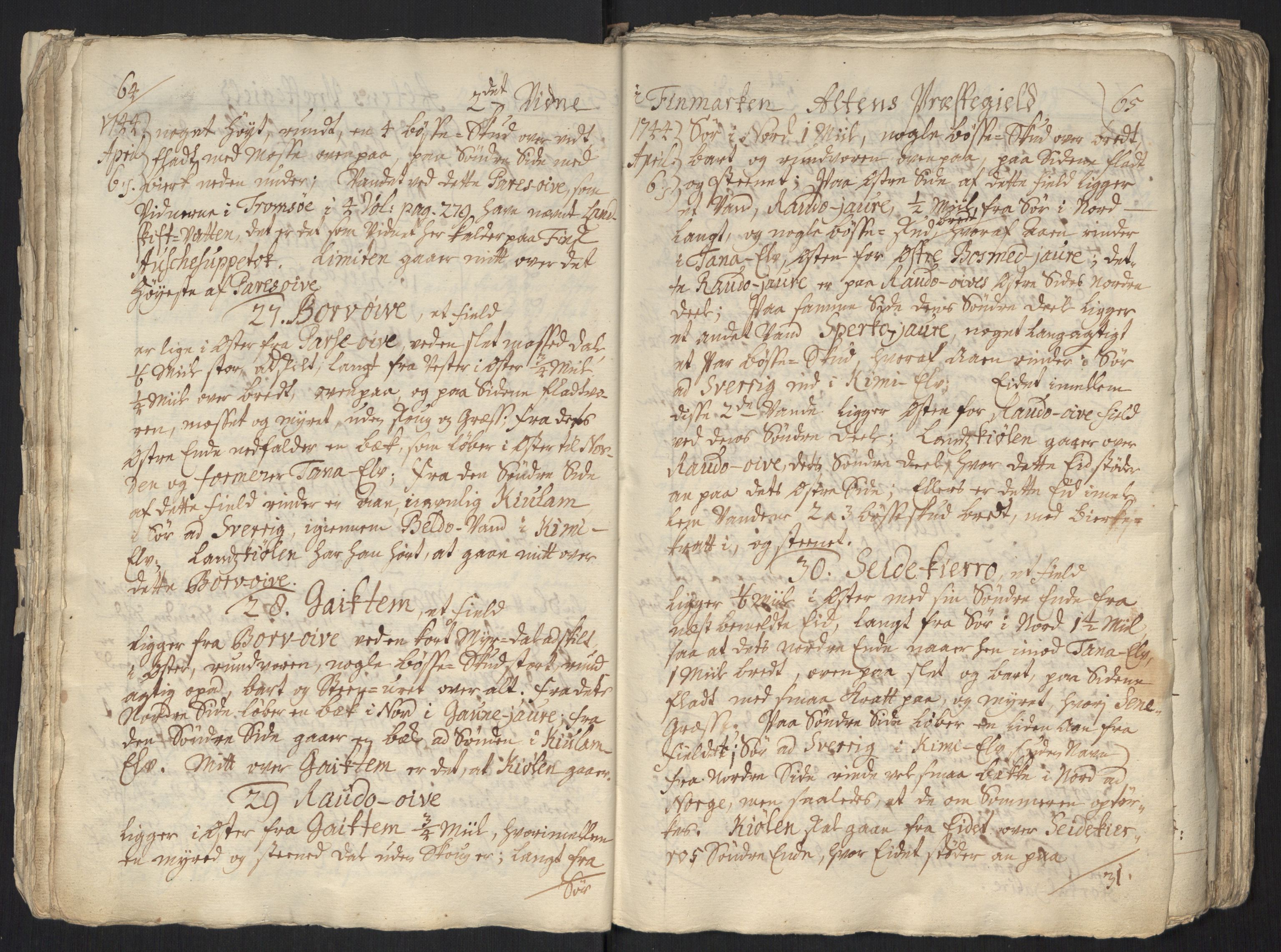 Danske Kanselli, Grensearkivet, AV/RA-EA-4062/F/L0011a/0003: Volum XXIII-XXVIa / Vol. XXV: Major Schnitlers grenseeksaminasjonsprotokoll, 5. bind, 1744, p. 64-65