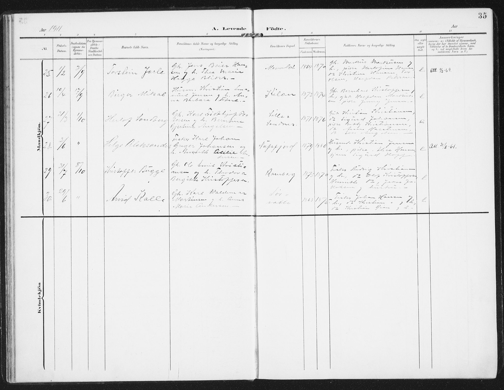 Ministerialprotokoller, klokkerbøker og fødselsregistre - Nordland, SAT/A-1459/885/L1206: Parish register (official) no. 885A07, 1905-1915, p. 35