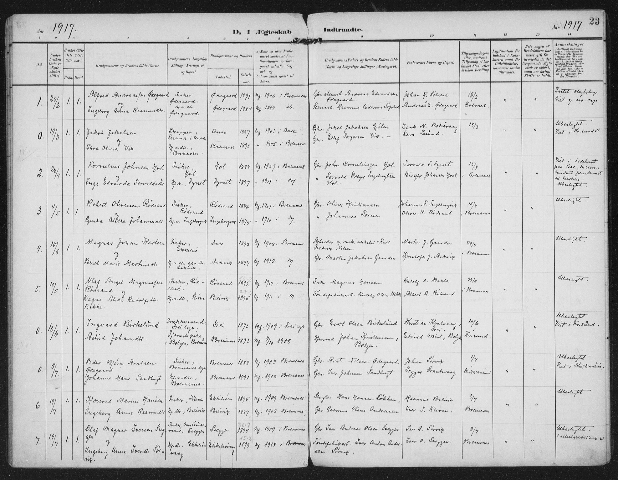 Ministerialprotokoller, klokkerbøker og fødselsregistre - Møre og Romsdal, AV/SAT-A-1454/569/L0822: Parish register (official) no. 569A08, 1908-1919, p. 23