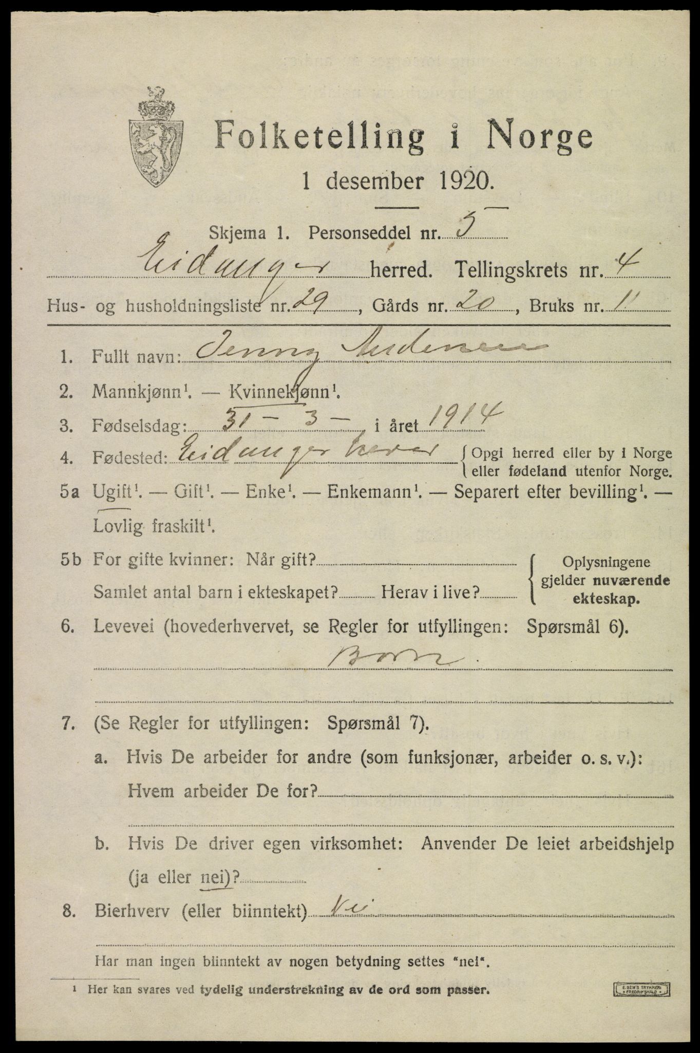 SAKO, 1920 census for Eidanger, 1920, p. 4108