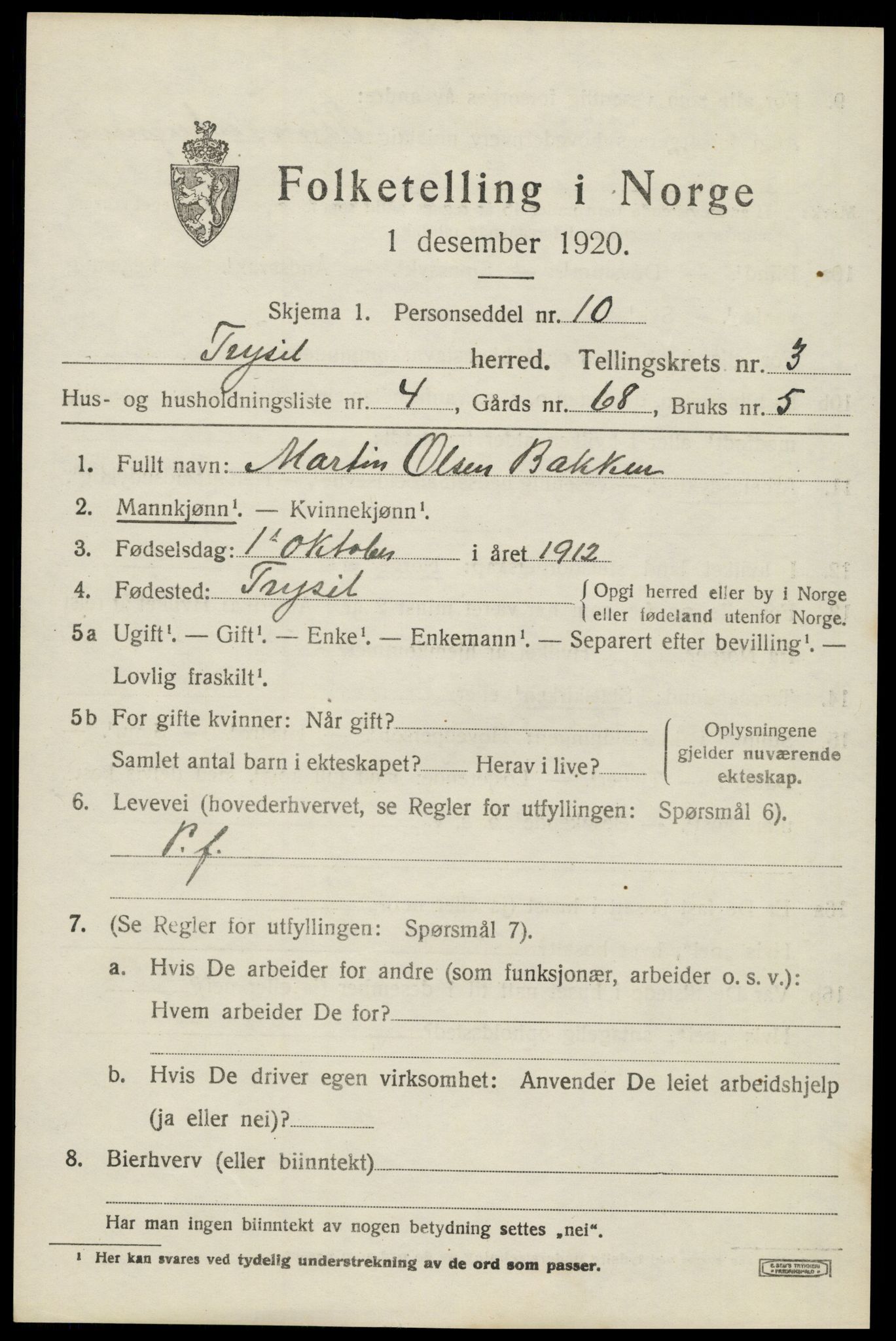 SAH, 1920 census for Trysil, 1920, p. 3531