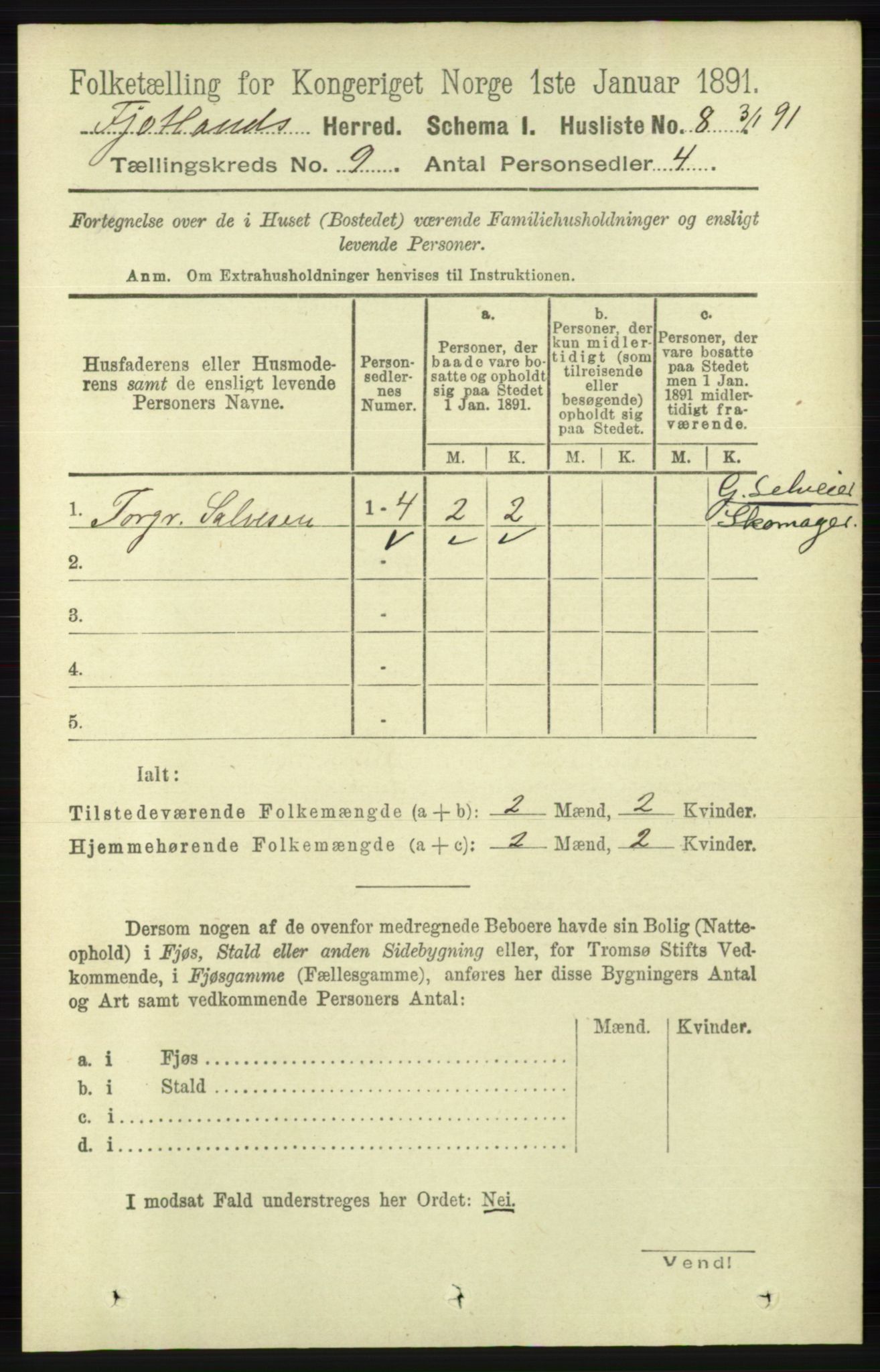 RA, 1891 census for 1036 Fjotland, 1891, p. 1289