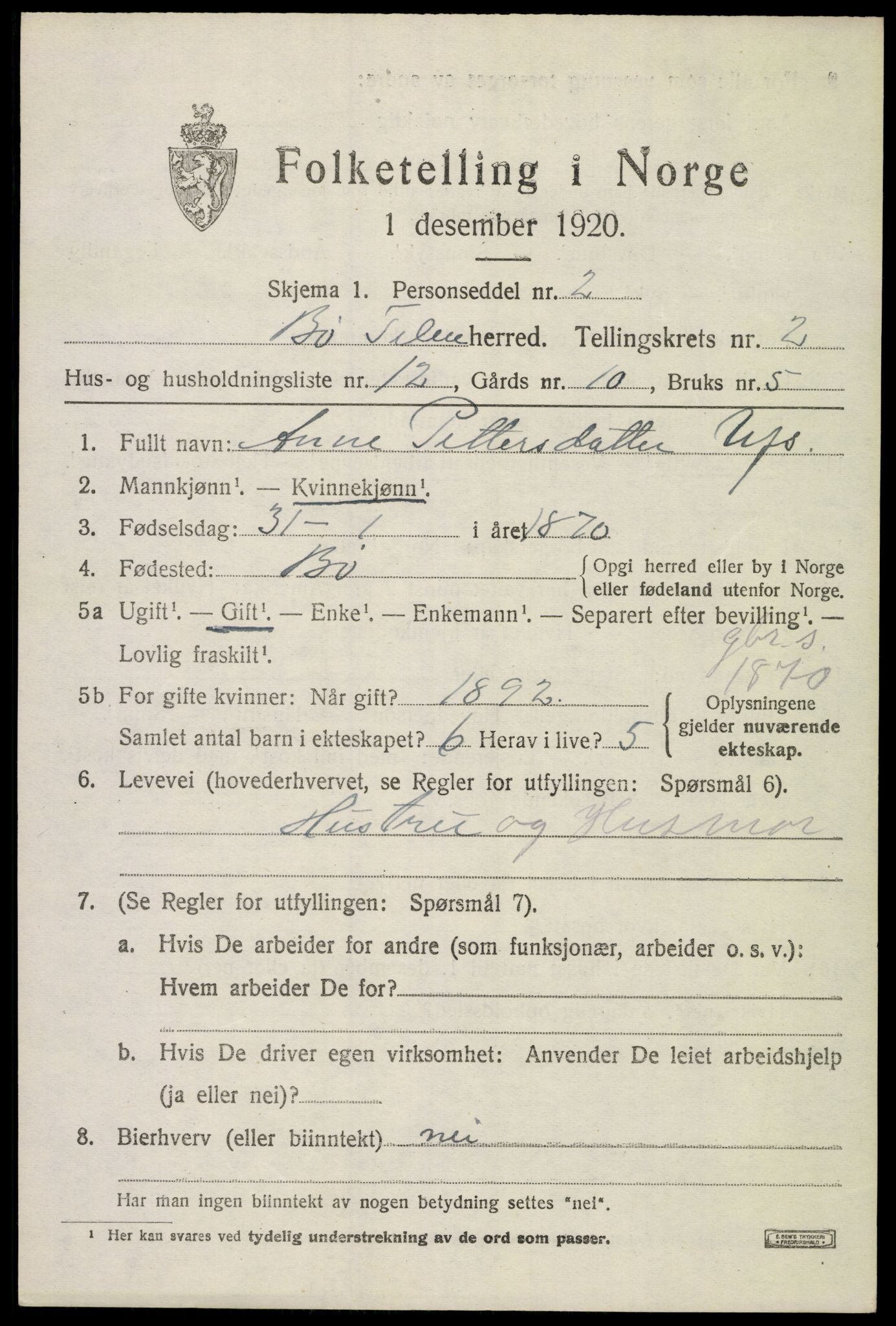 SAKO, 1920 census for Bø (Telemark), 1920, p. 1852