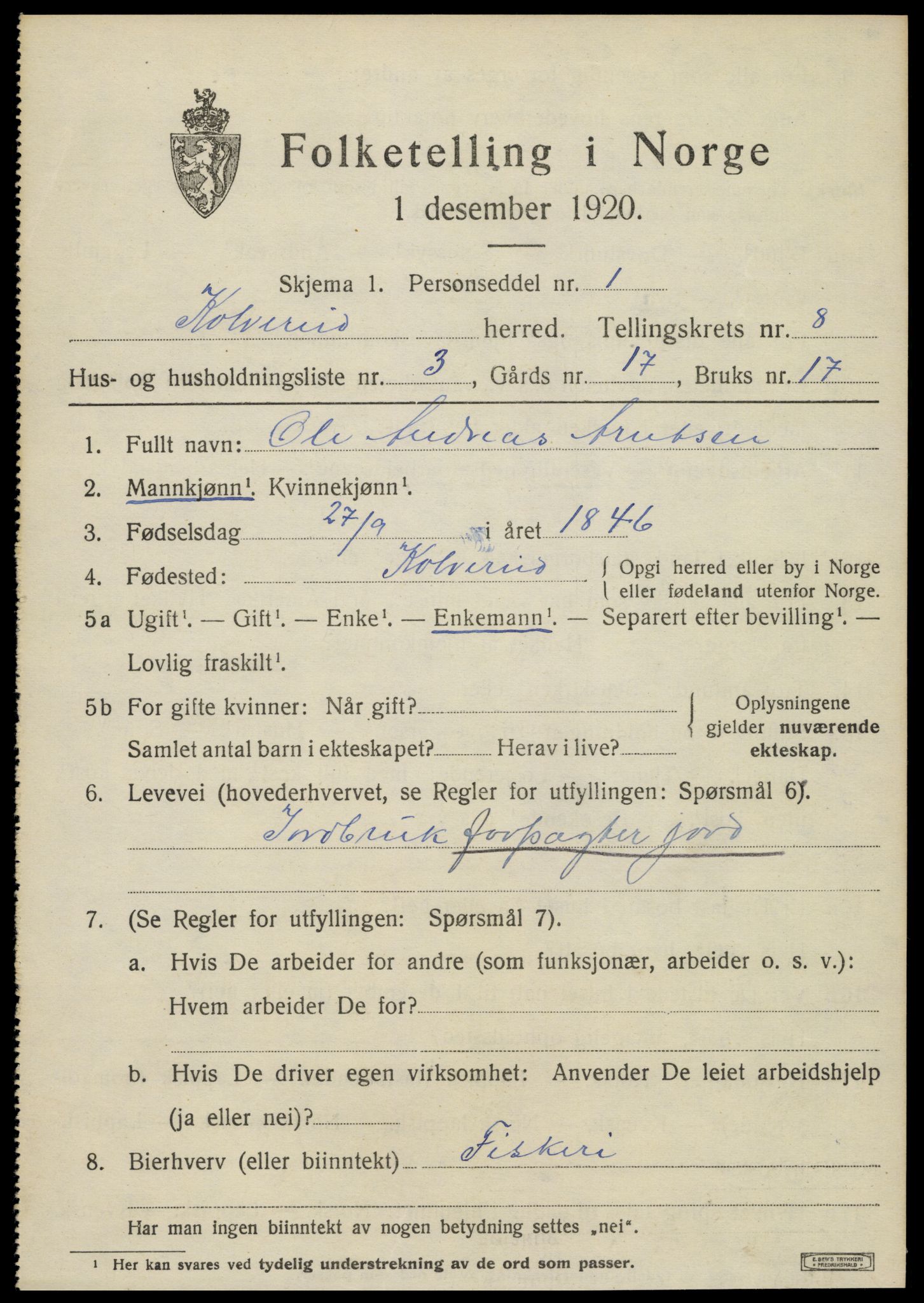 SAT, 1920 census for Kolvereid, 1920, p. 5105
