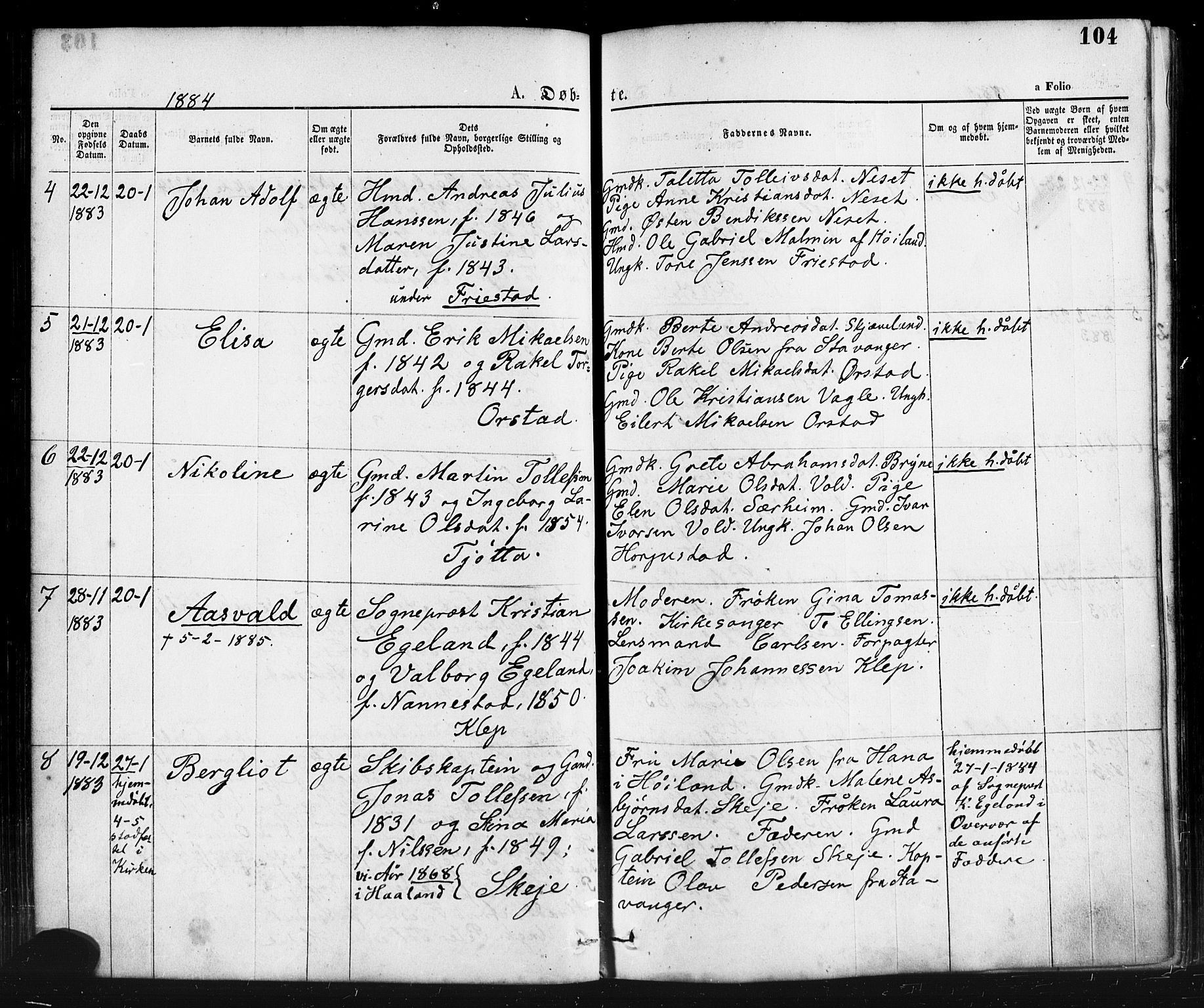 Klepp sokneprestkontor, AV/SAST-A-101803/001/3/30BA/L0006: Parish register (official) no. A 6, 1871-1885, p. 104