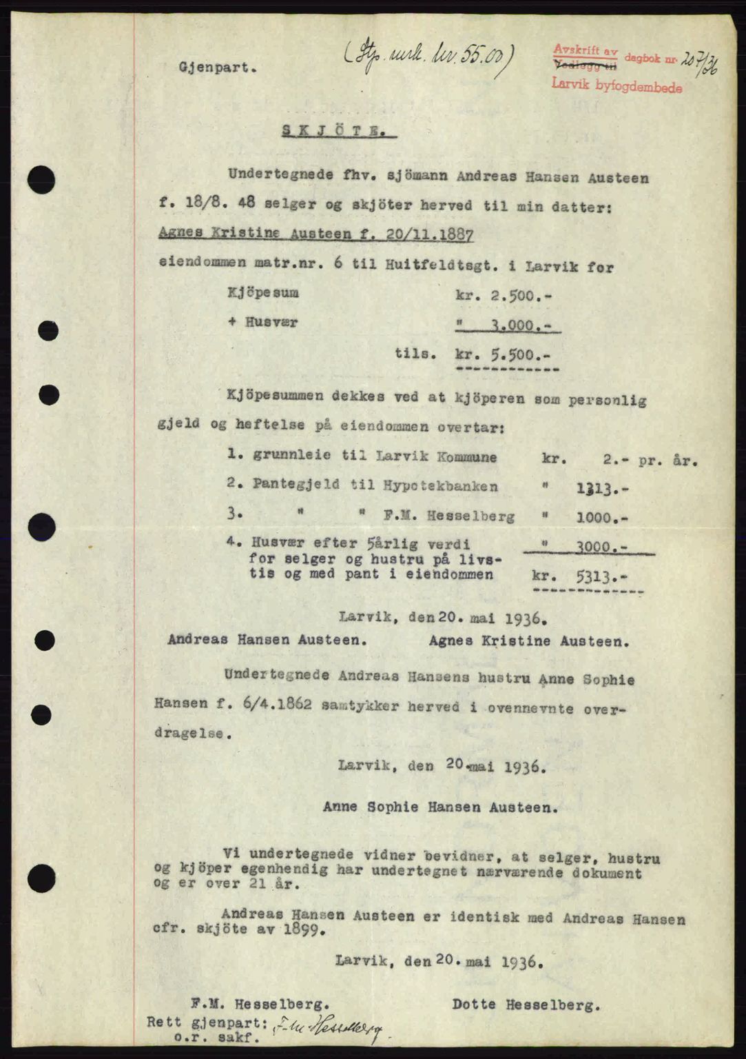 Larvik sorenskriveri, SAKO/A-83/G/Ga/Gab/L0067: Mortgage book no. A-1, 1936-1937, Diary no: : 207/1936