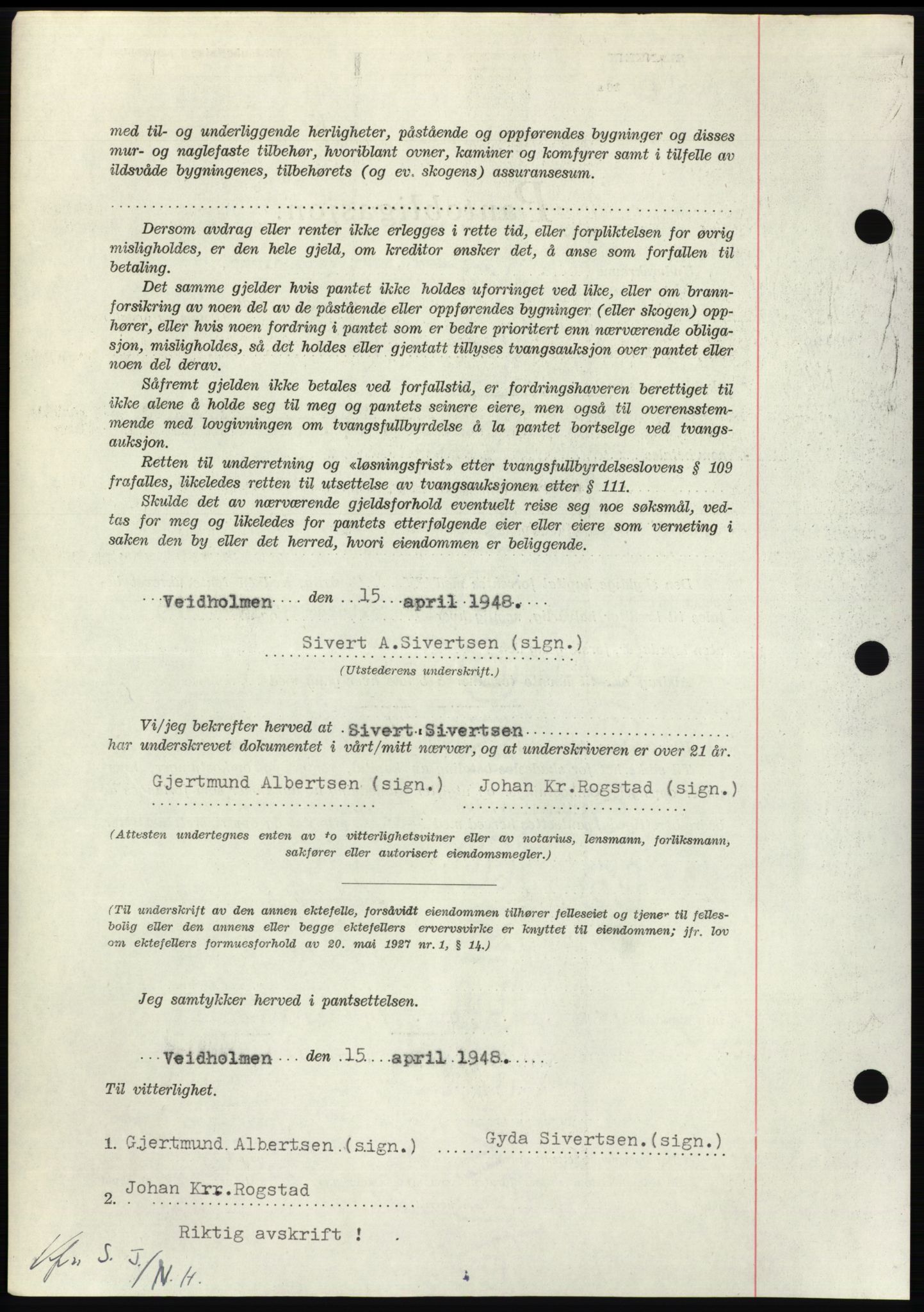 Nordmøre sorenskriveri, AV/SAT-A-4132/1/2/2Ca: Mortgage book no. B98, 1948-1948, Diary no: : 1047/1948