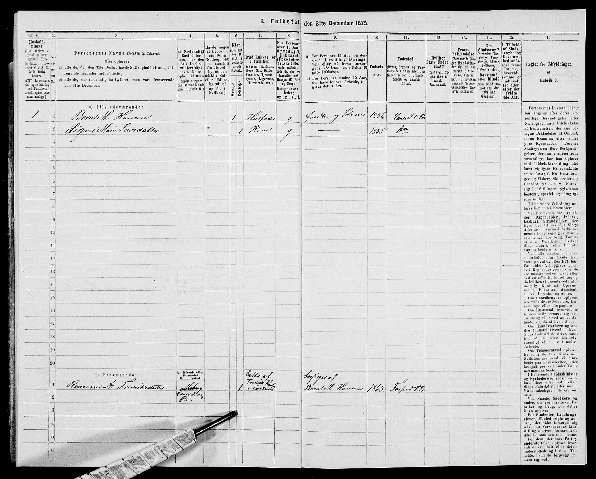 SAK, 1875 census for 1041L Vanse/Vanse og Farsund, 1875, p. 2161