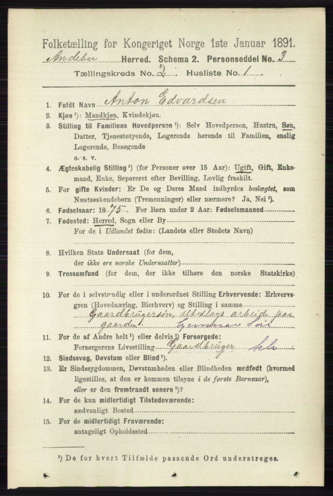 RA, 1891 census for 0719 Andebu, 1891, p. 902