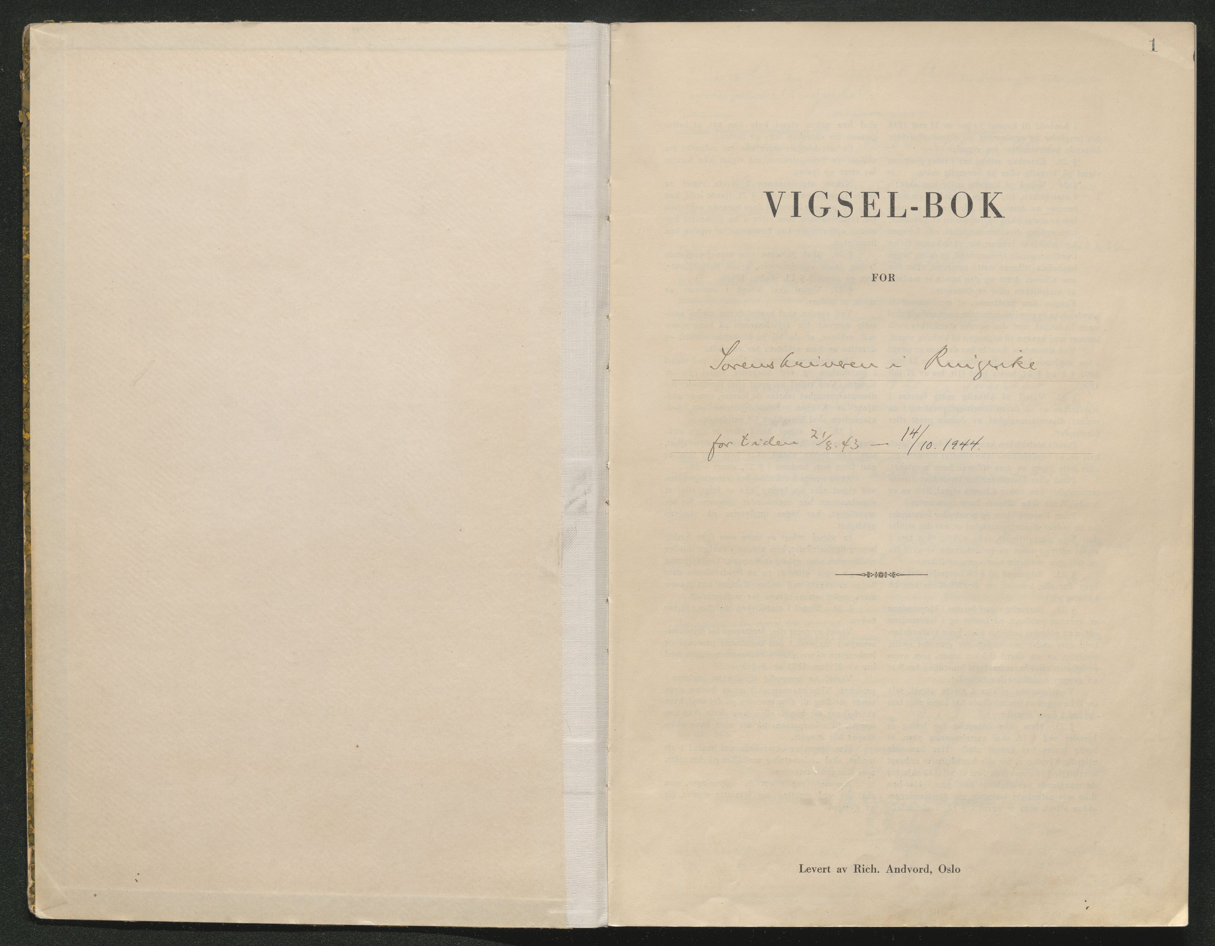 Ringerike sorenskriveri, AV/SAKO-A-105/L/Lc/L0003: Vigselsbok, 1943-1944, p. 1