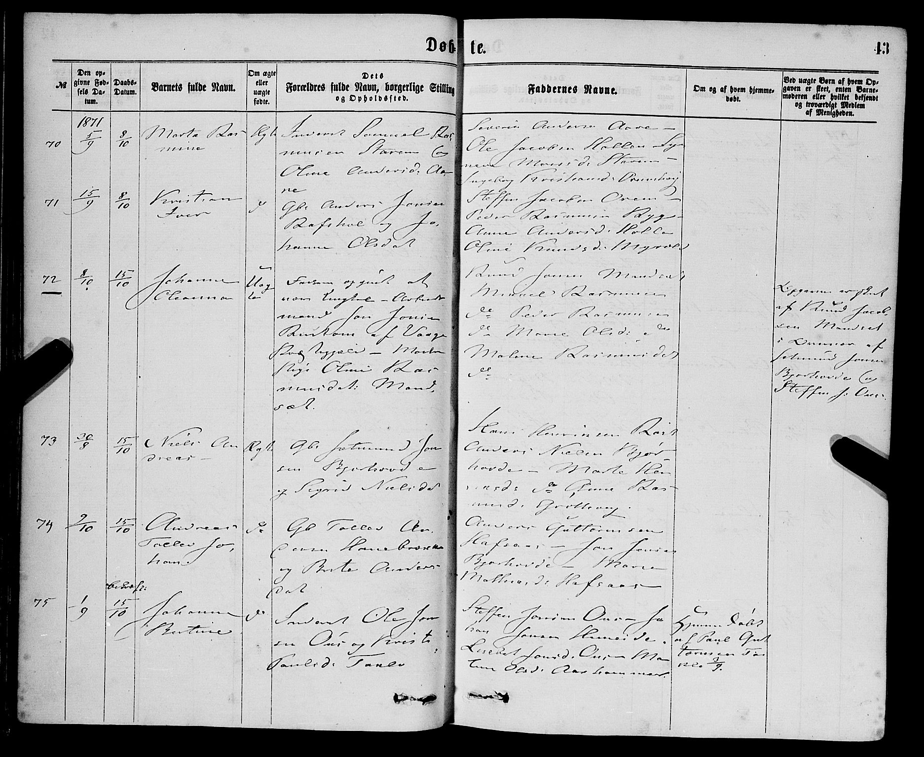 Eid sokneprestembete, AV/SAB-A-82301/H/Haa/Haaa/L0010: Parish register (official) no. A 10, 1867-1878, p. 43