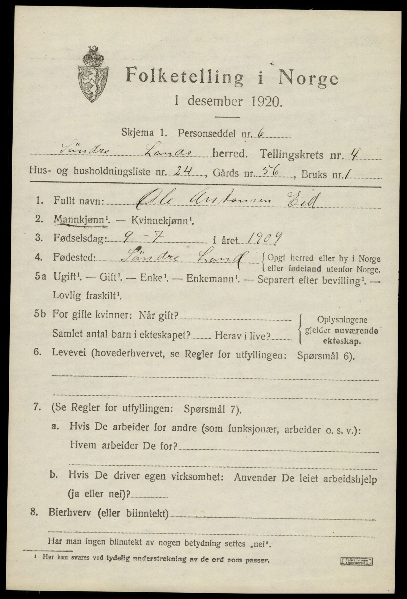 SAH, 1920 census for Søndre Land, 1920, p. 4987