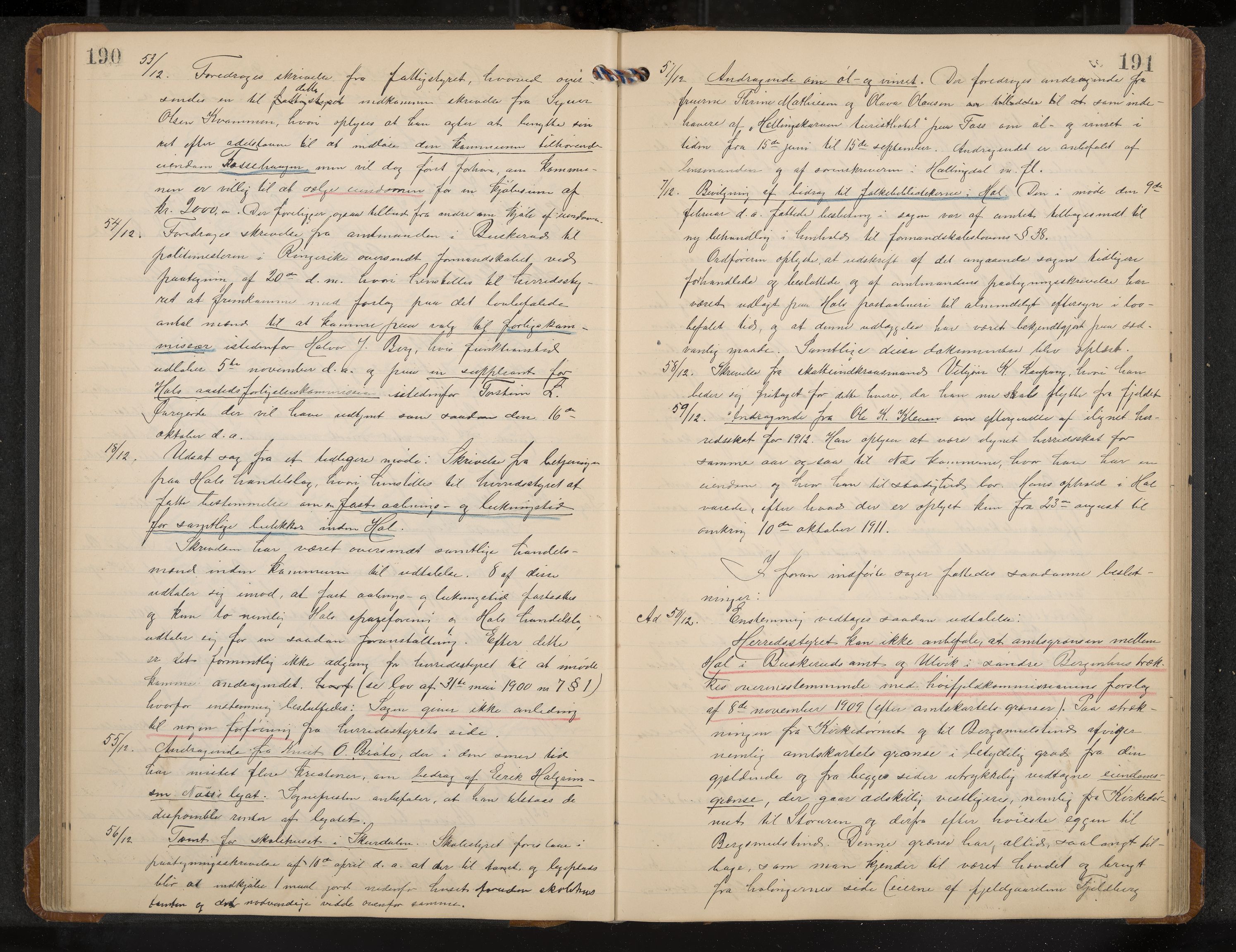 Hol formannskap og sentraladministrasjon, IKAK/0620021-1/A/L0005: Møtebok, 1909-1915, p. 190-191