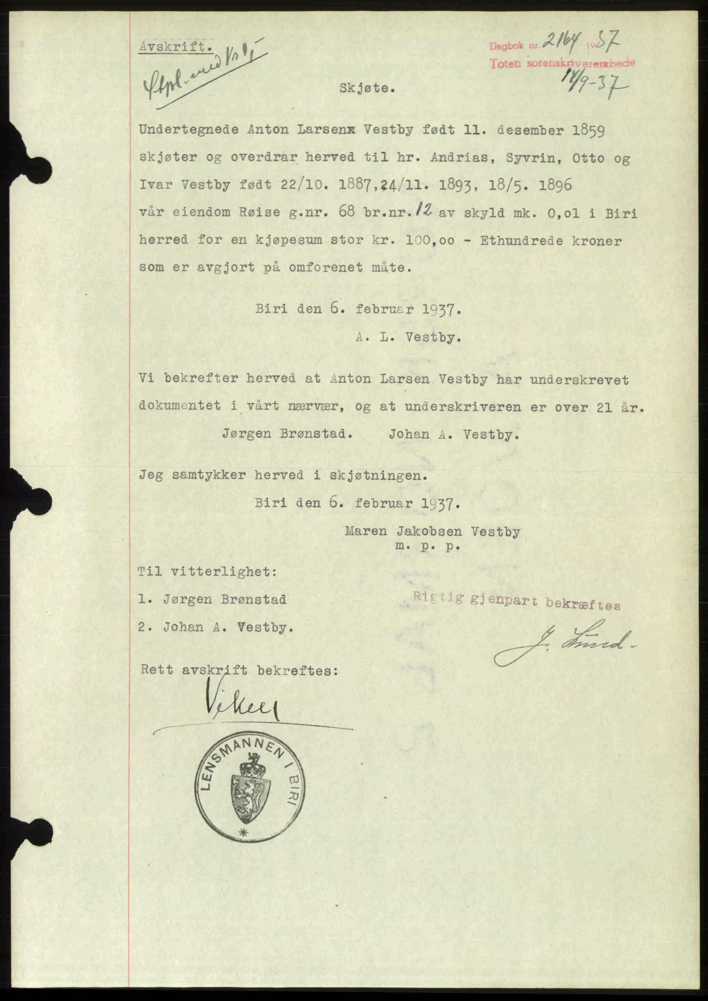 Toten tingrett, SAH/TING-006/H/Hb/Hbc/L0003: Mortgage book no. Hbc-03, 1937-1938, Diary no: : 2164/1937