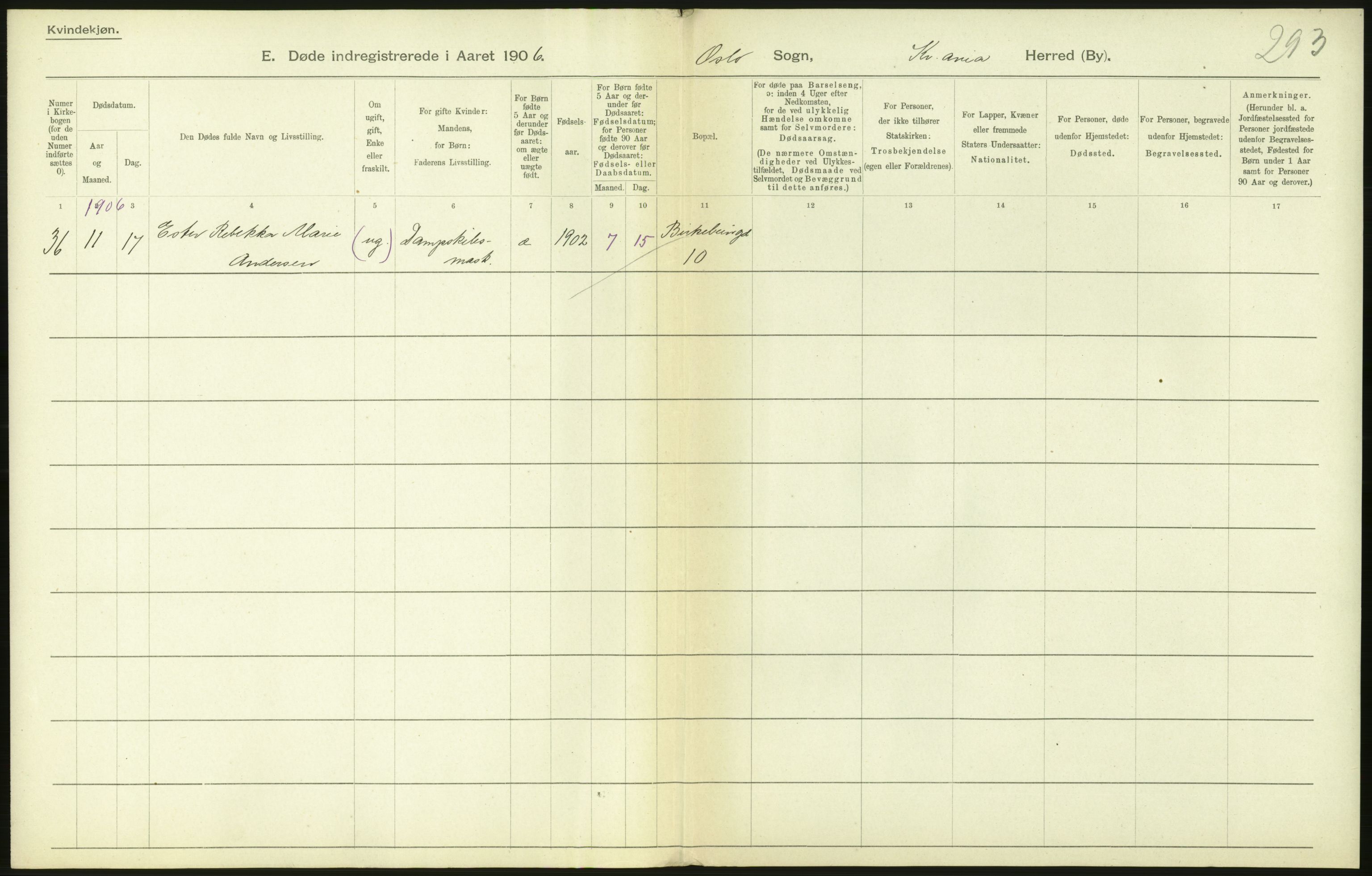 Statistisk sentralbyrå, Sosiodemografiske emner, Befolkning, RA/S-2228/D/Df/Dfa/Dfad/L0009: Kristiania: Døde, 1906, p. 234