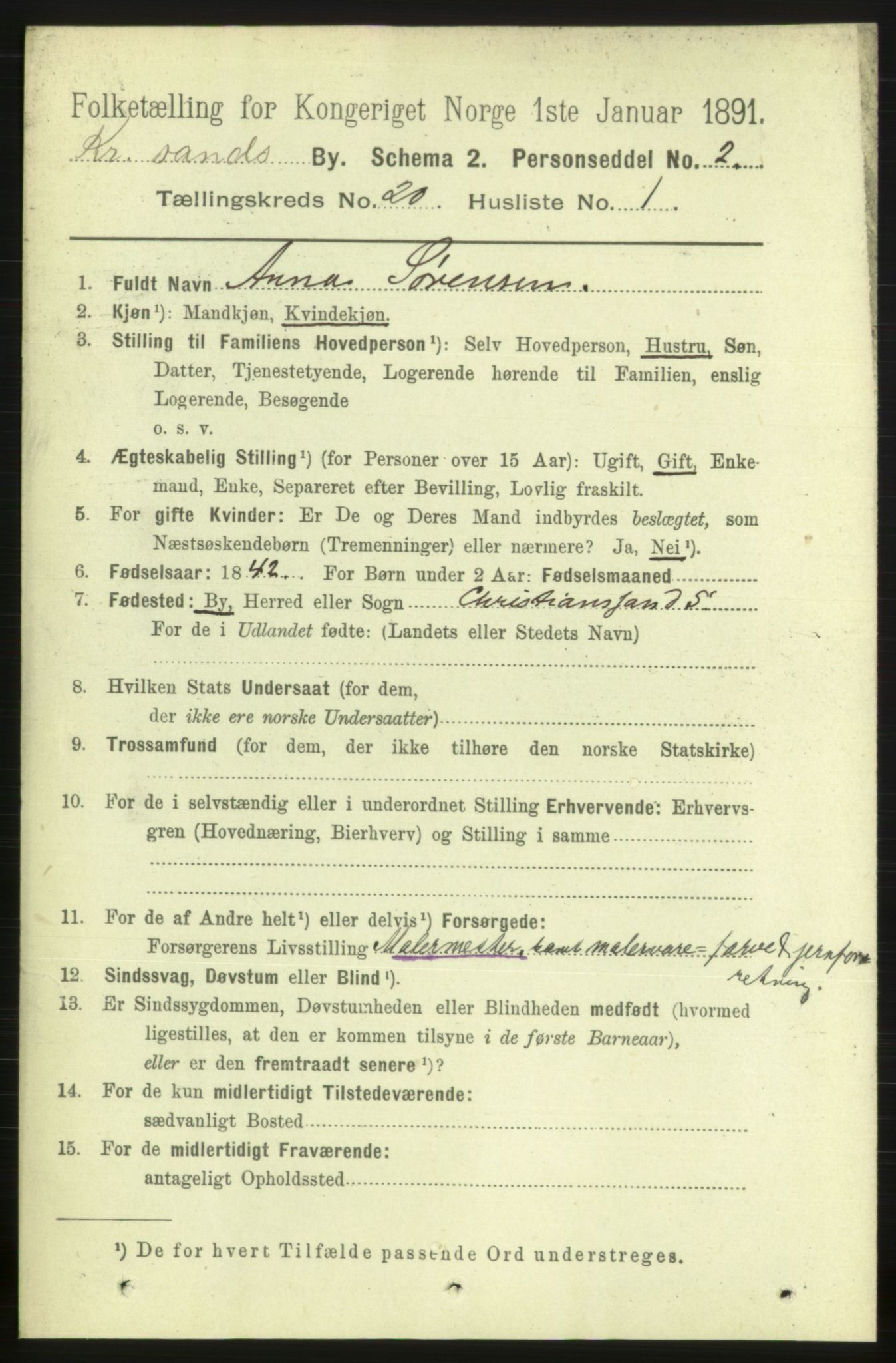 RA, 1891 census for 1001 Kristiansand, 1891, p. 7422