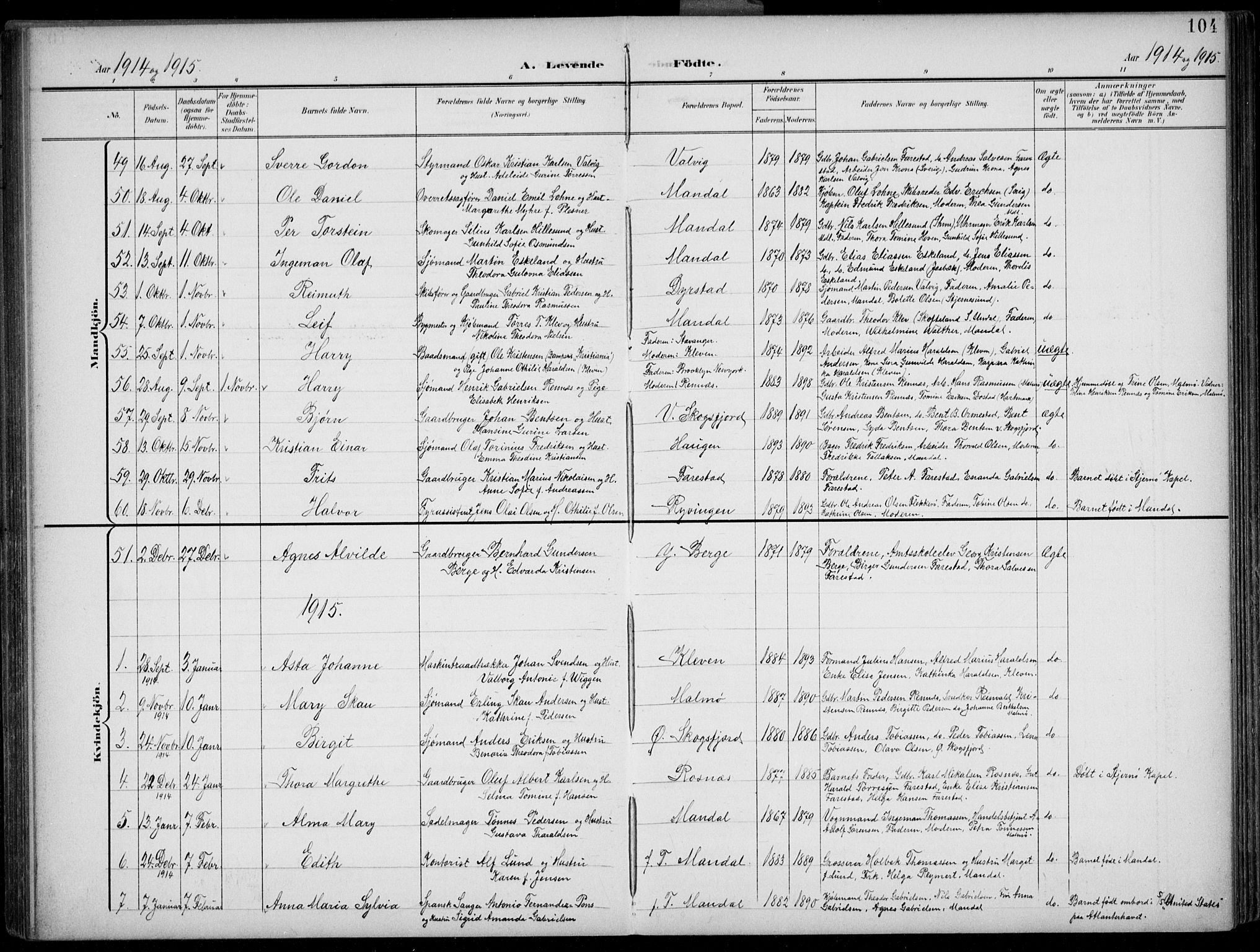 Mandal sokneprestkontor, AV/SAK-1111-0030/F/Fb/Fba/L0012: Parish register (copy) no. B 6, 1899-1918, p. 104