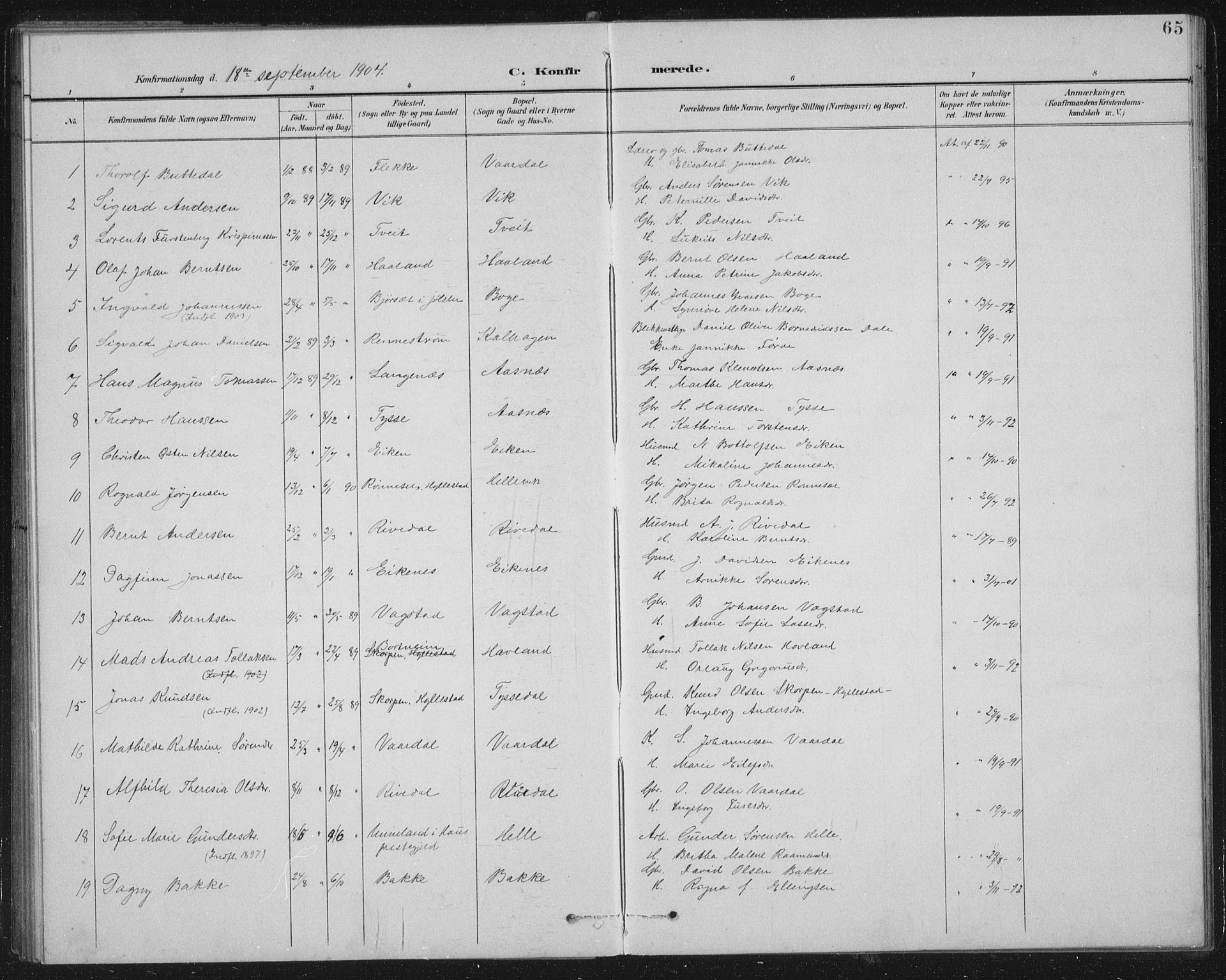 Fjaler sokneprestembete, AV/SAB-A-79801/H/Hab/Habb/L0002: Parish register (copy) no. B 2, 1895-1915, p. 65