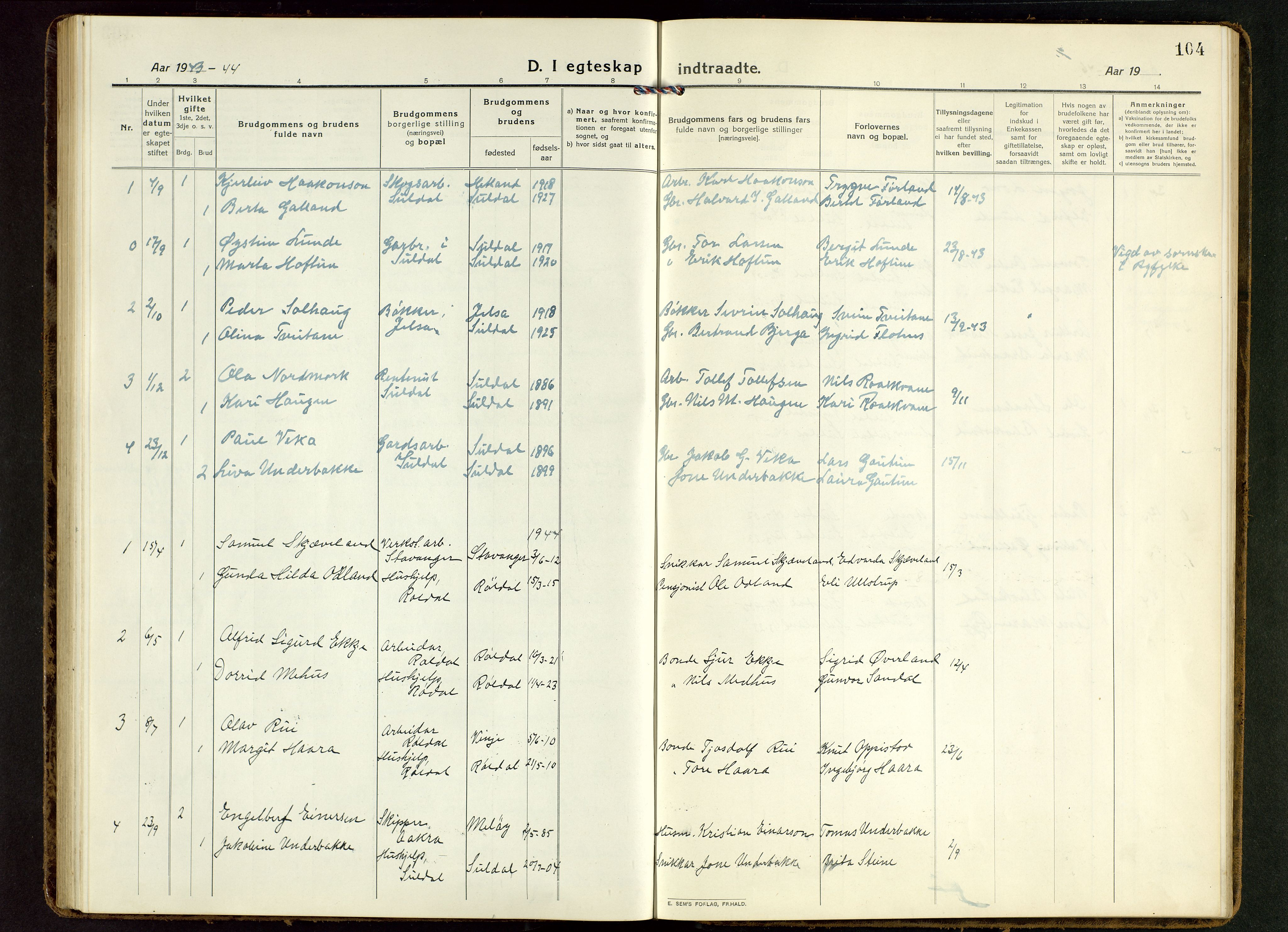 Suldal sokneprestkontor, AV/SAST-A-101845/01/V/L0007: Parish register (copy) no. B 7, 1917-1946, p. 104