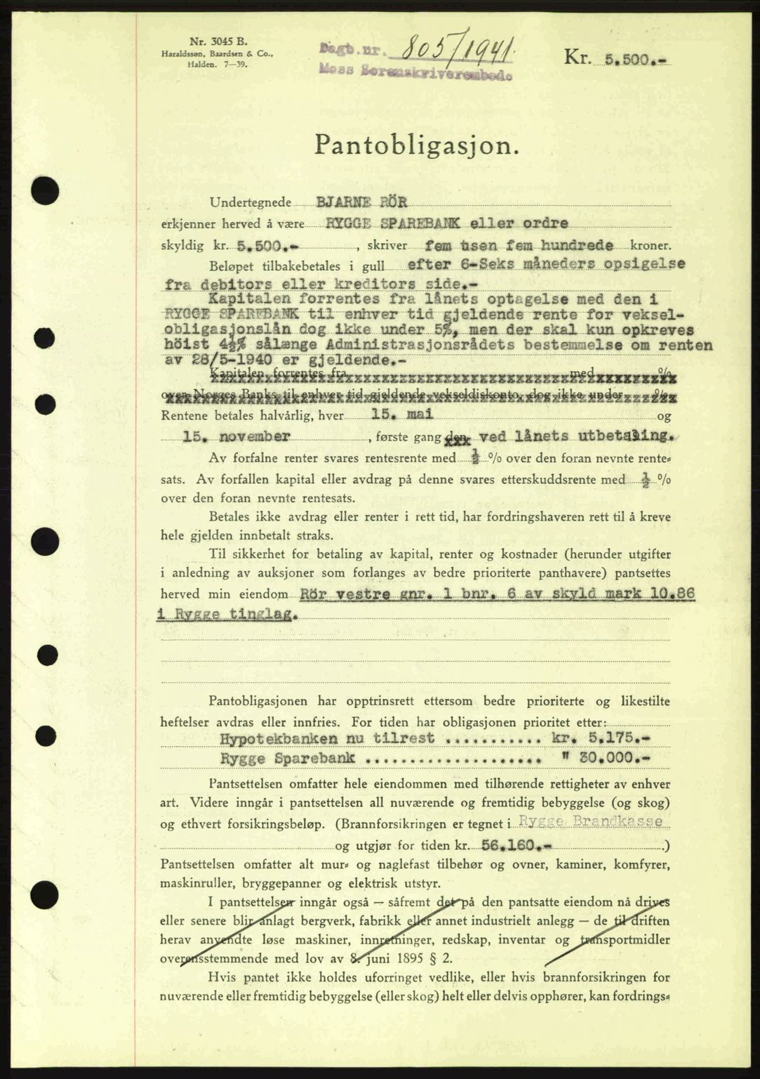 Moss sorenskriveri, SAO/A-10168: Mortgage book no. B10, 1940-1941, Diary no: : 805/1941