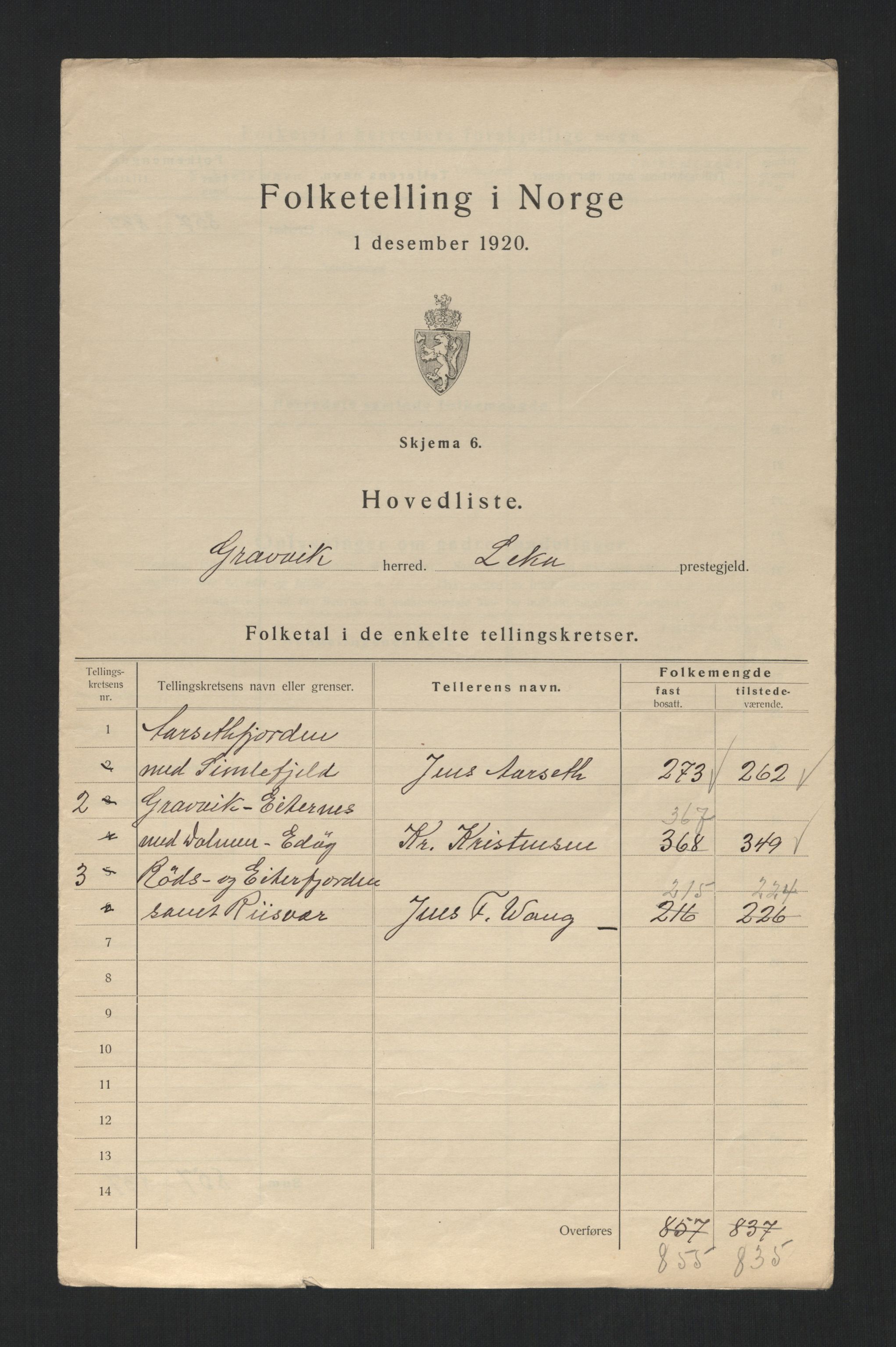 SAT, 1920 census for Gravvik, 1920, p. 4