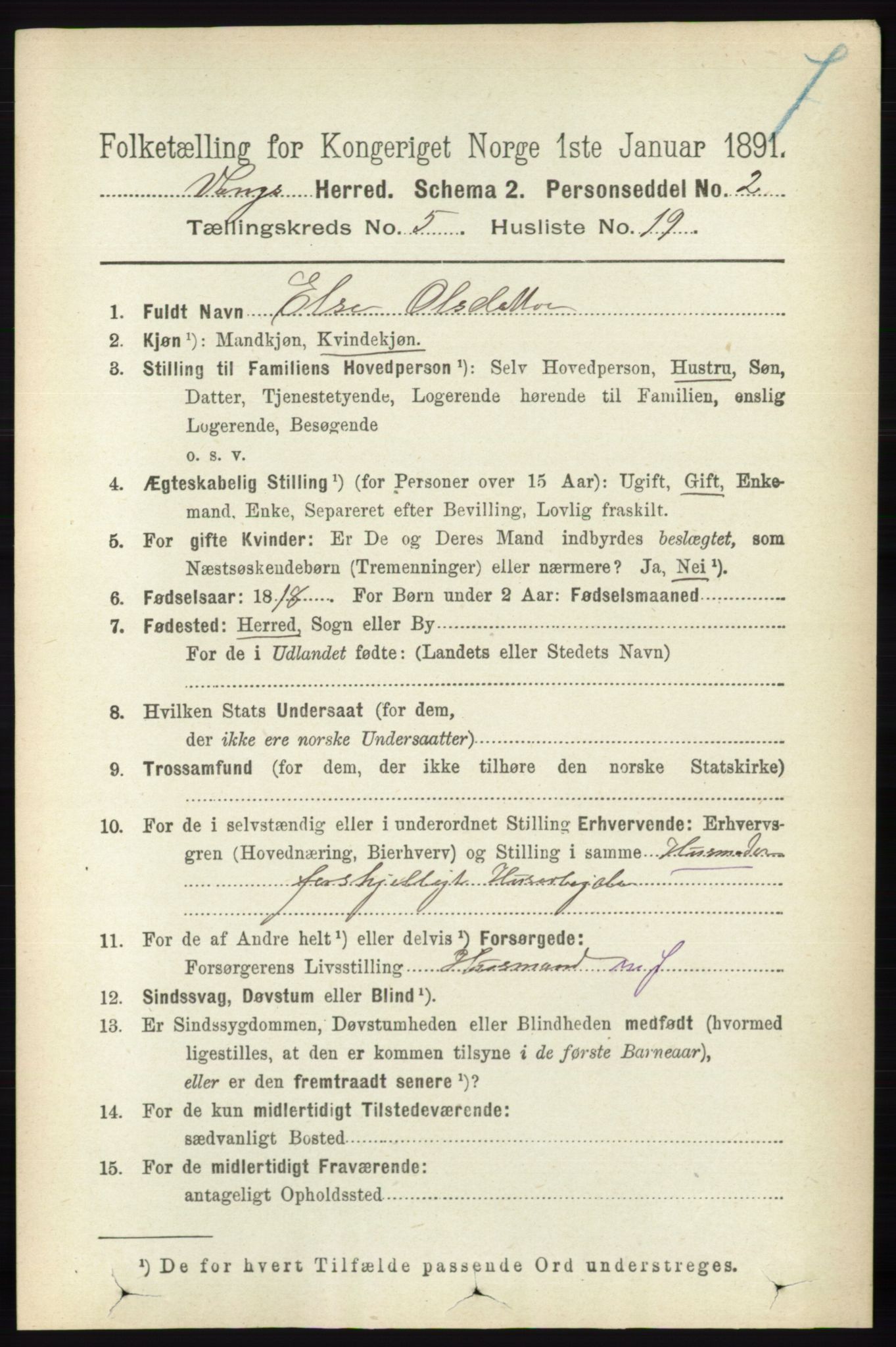 RA, 1891 census for 0414 Vang, 1891, p. 3599