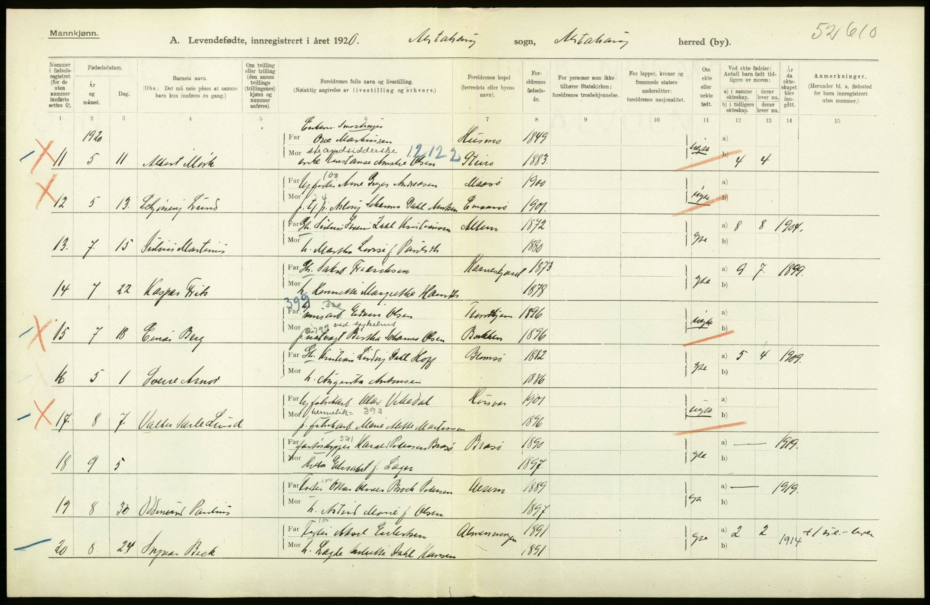 Statistisk sentralbyrå, Sosiodemografiske emner, Befolkning, AV/RA-S-2228/D/Df/Dfb/Dfbj/L0055: Nordland fylke: Levendefødte menn og kvinner. Bygder., 1920, p. 18