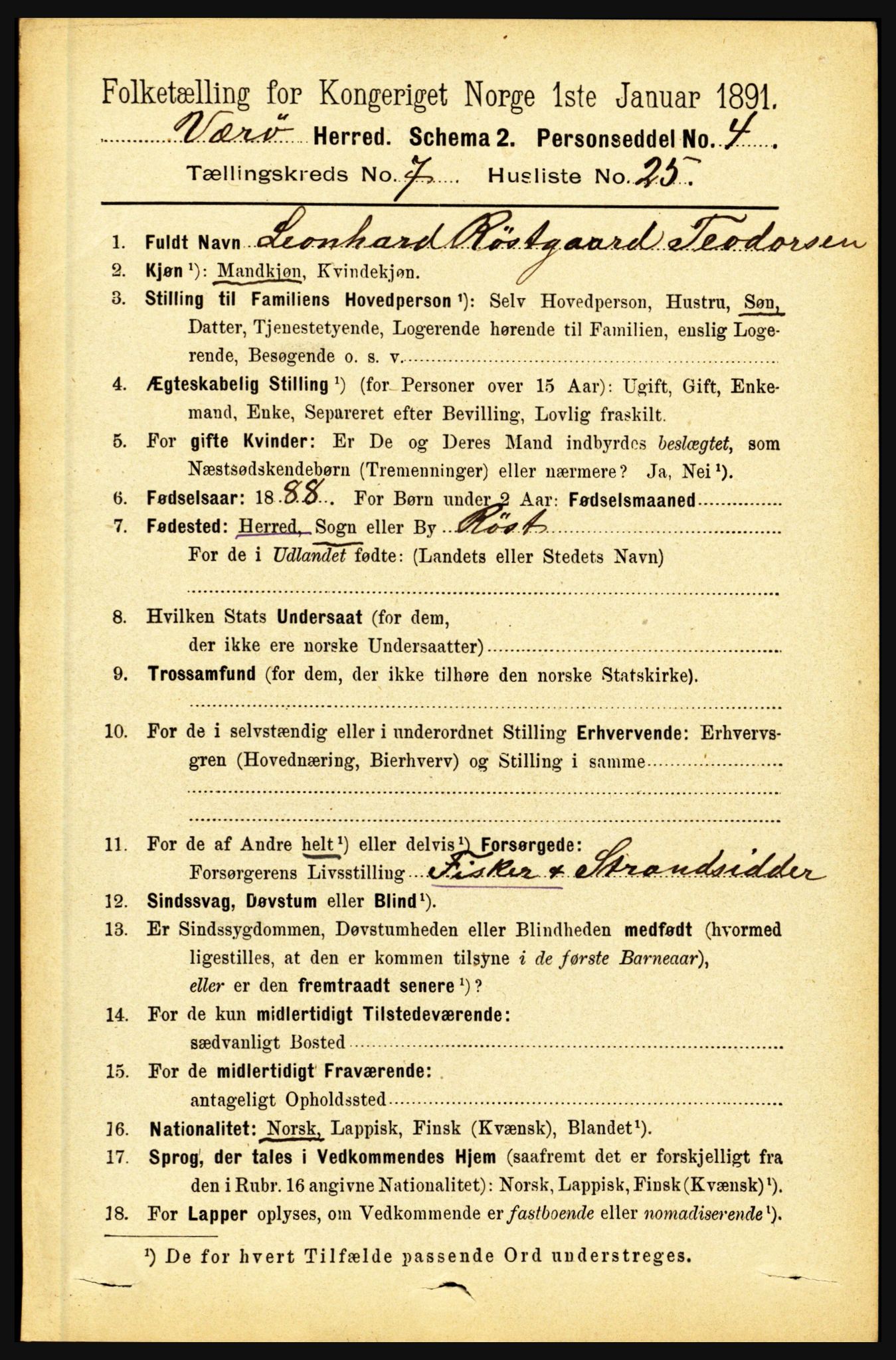 RA, 1891 census for 1857 Værøy, 1891, p. 914