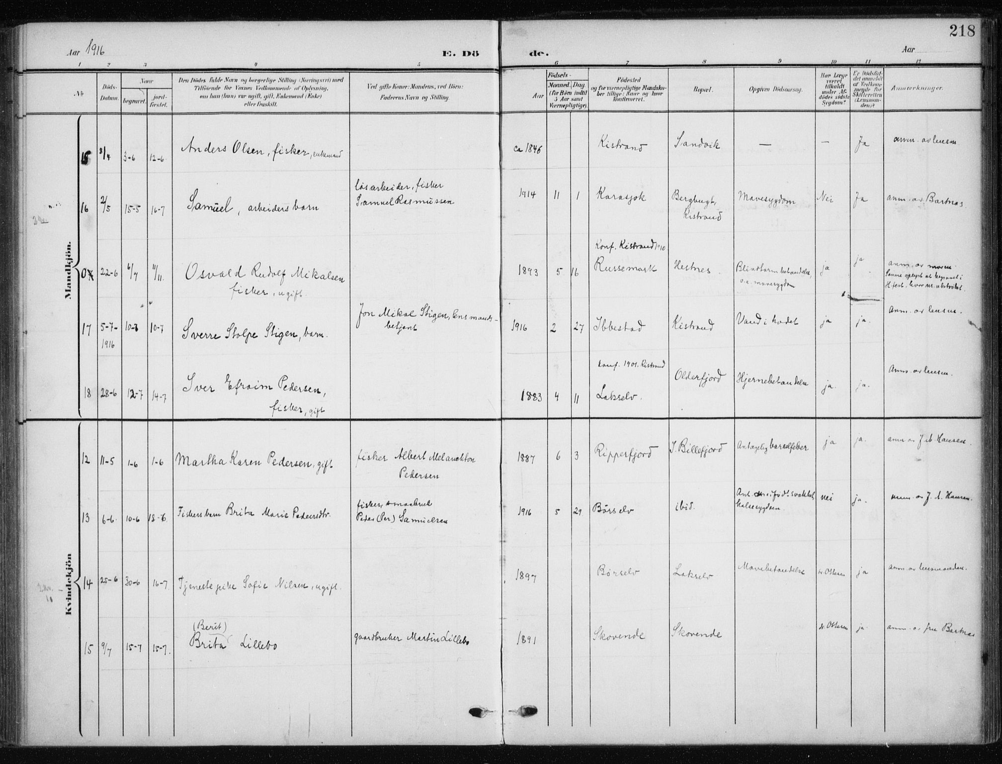 Kistrand/Porsanger sokneprestembete, AV/SATØ-S-1351/H/Ha/L0014.kirke: Parish register (official) no. 14, 1908-1917, p. 218