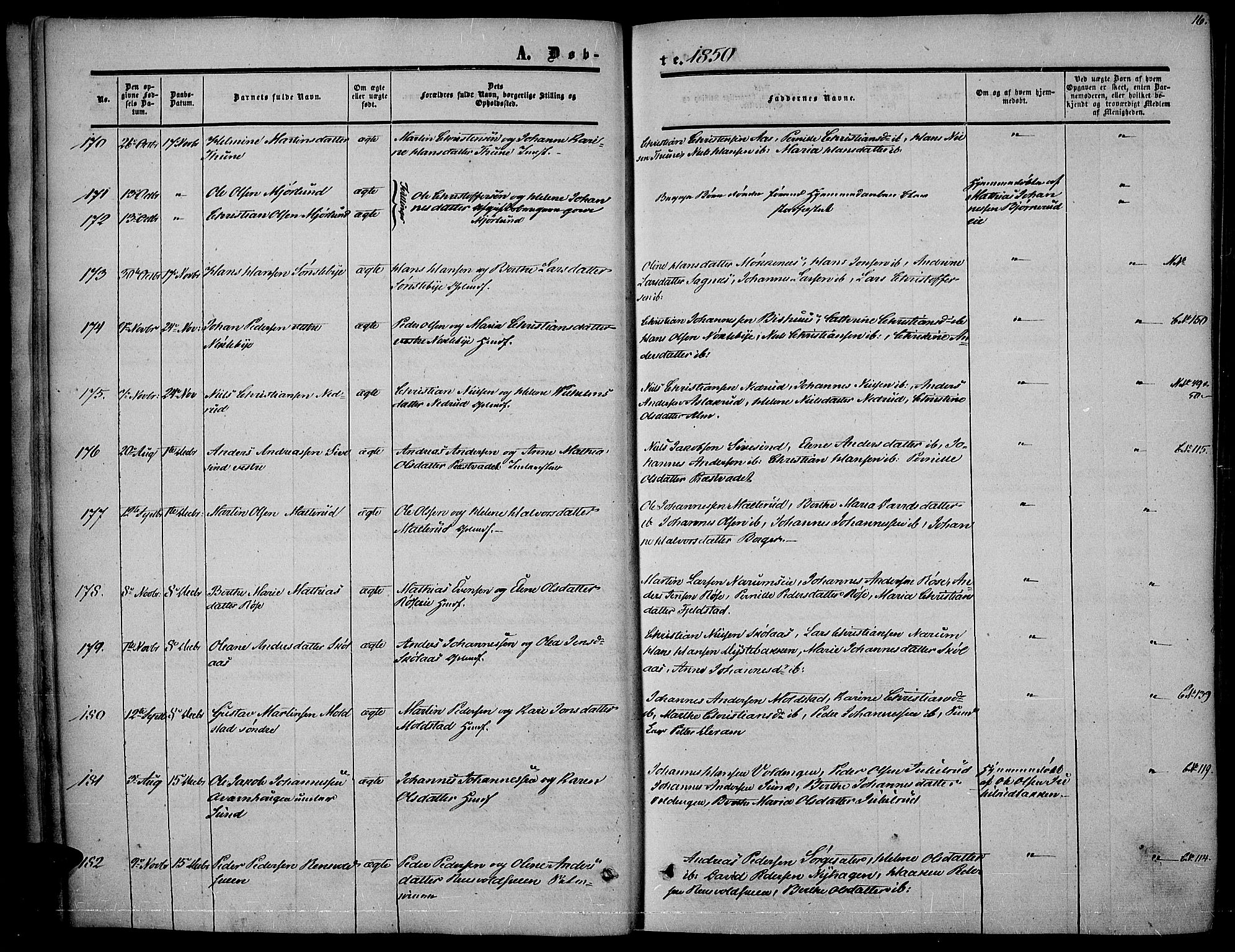 Vestre Toten prestekontor, SAH/PREST-108/H/Ha/Haa/L0005: Parish register (official) no. 5, 1850-1855, p. 16