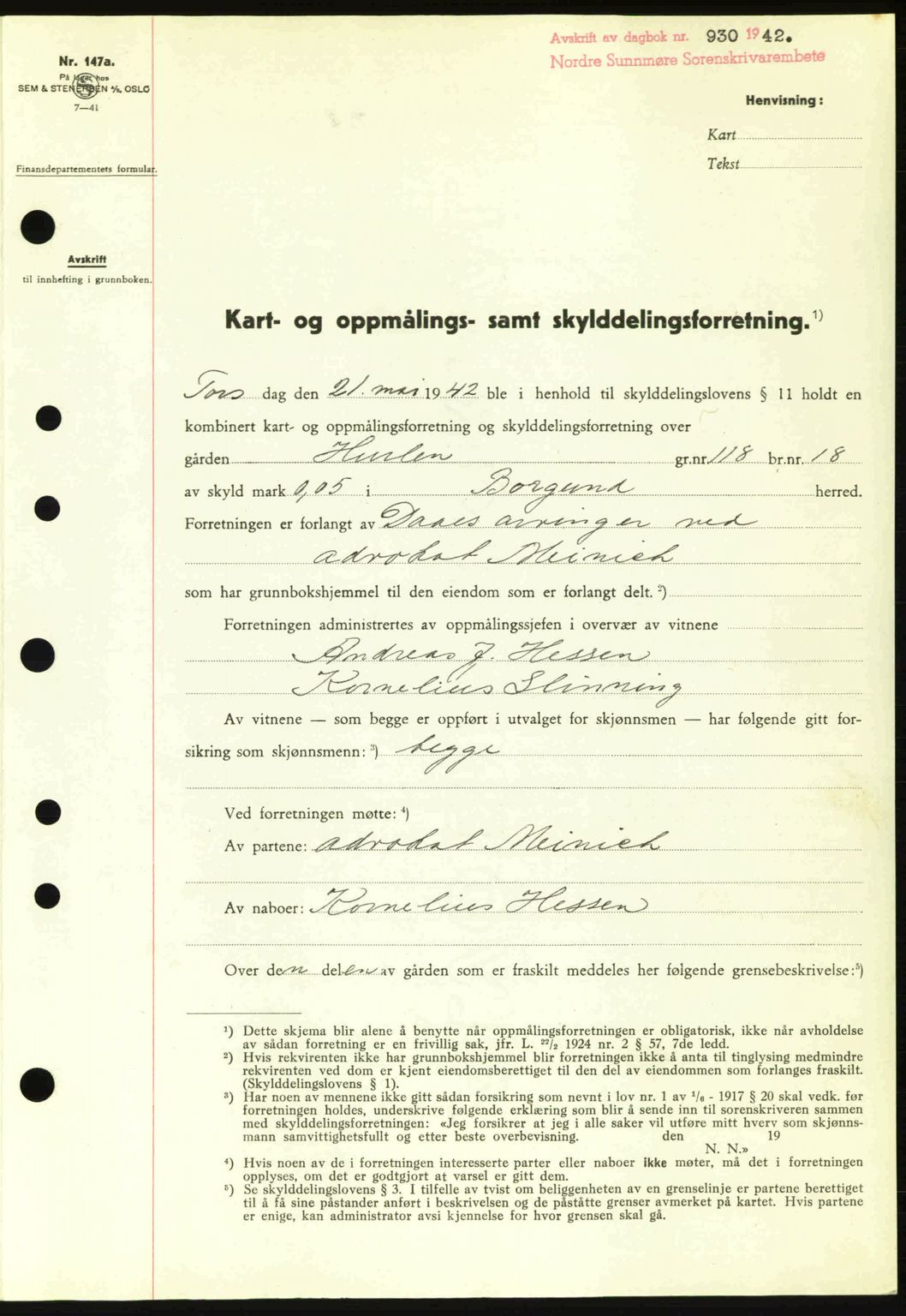 Nordre Sunnmøre sorenskriveri, AV/SAT-A-0006/1/2/2C/2Ca: Mortgage book no. A13, 1942-1942, Diary no: : 930/1942