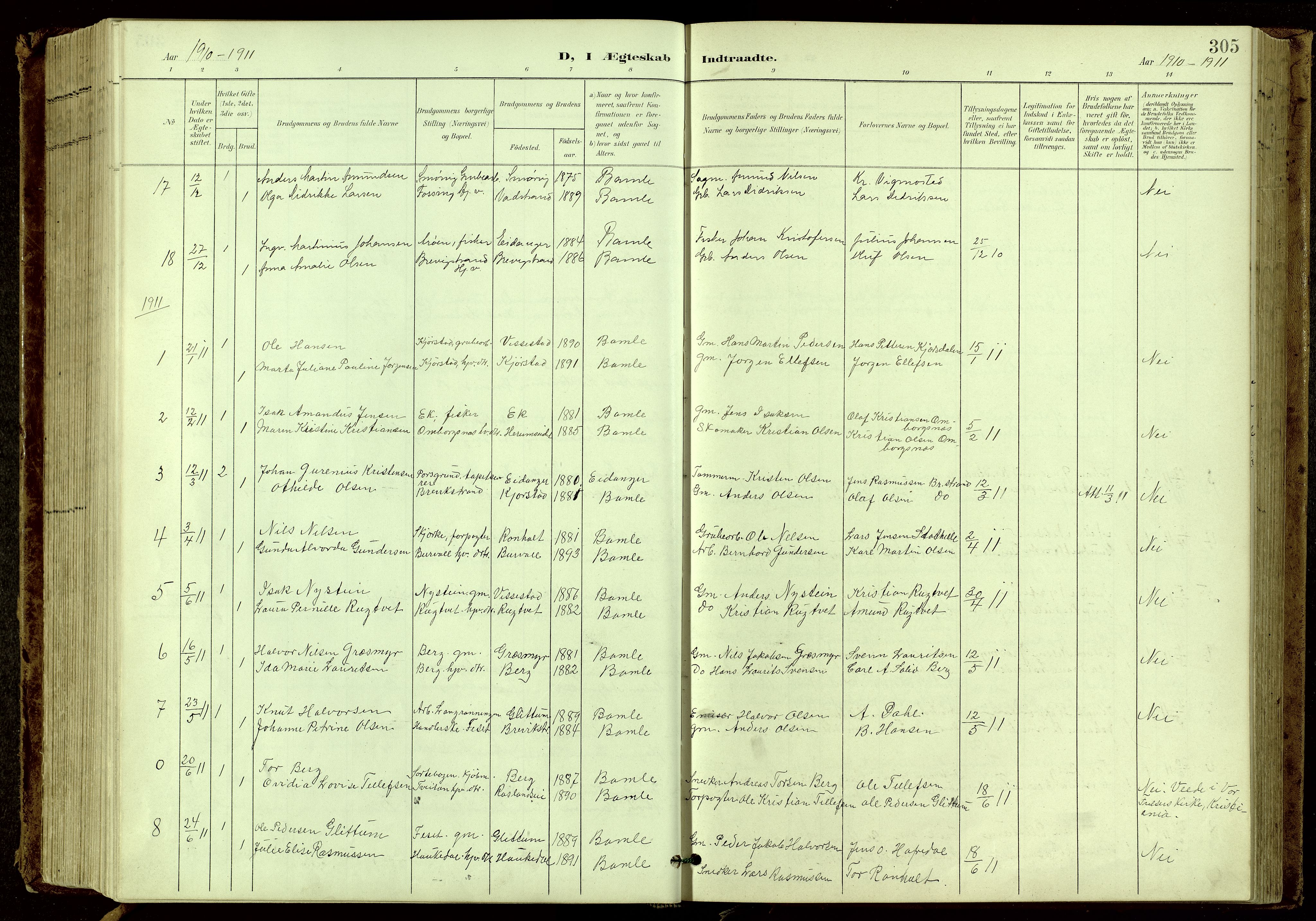Bamble kirkebøker, SAKO/A-253/G/Ga/L0010: Parish register (copy) no. I 10, 1901-1919, p. 305