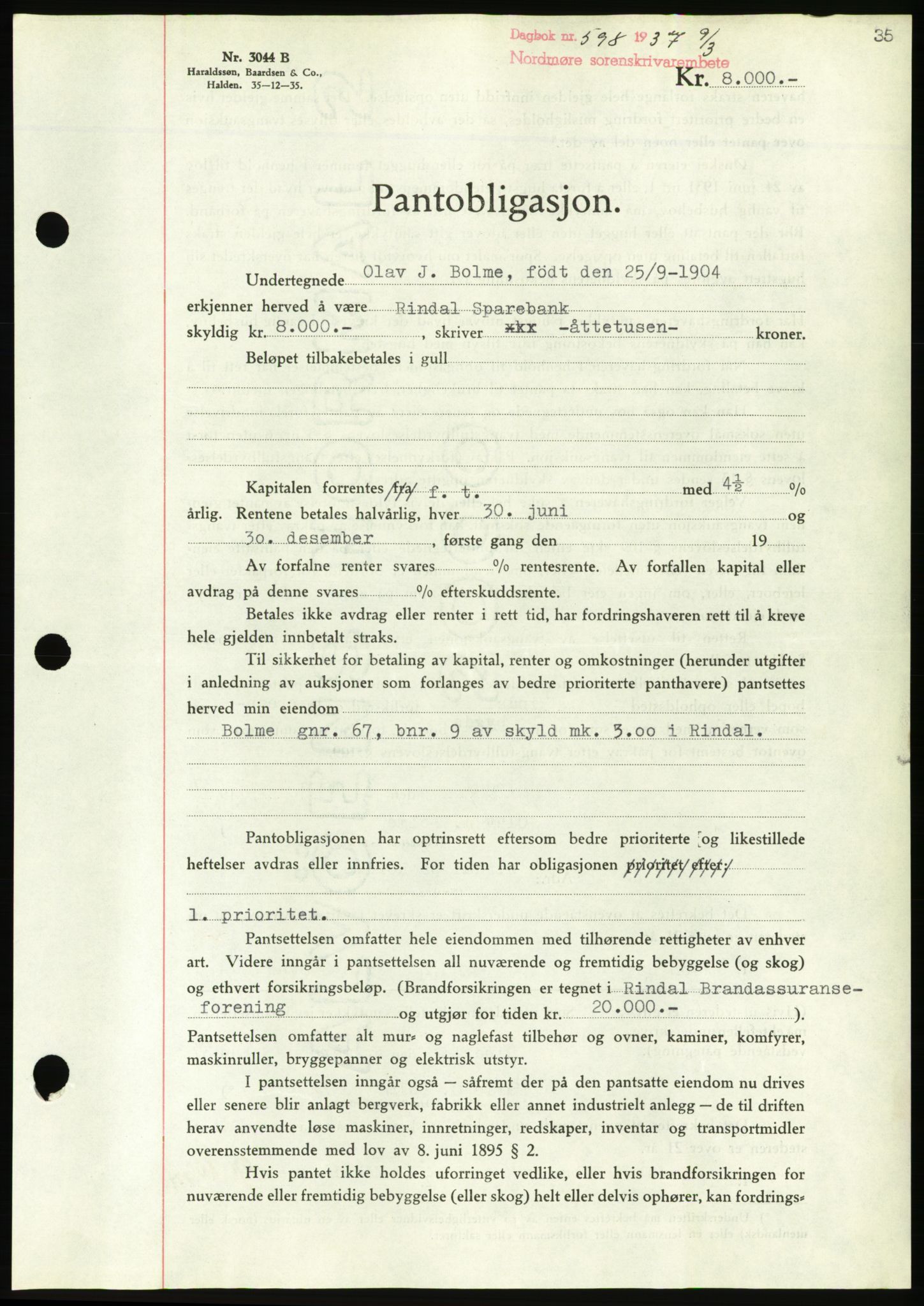 Nordmøre sorenskriveri, AV/SAT-A-4132/1/2/2Ca/L0091: Mortgage book no. B81, 1937-1937, Diary no: : 598/1937