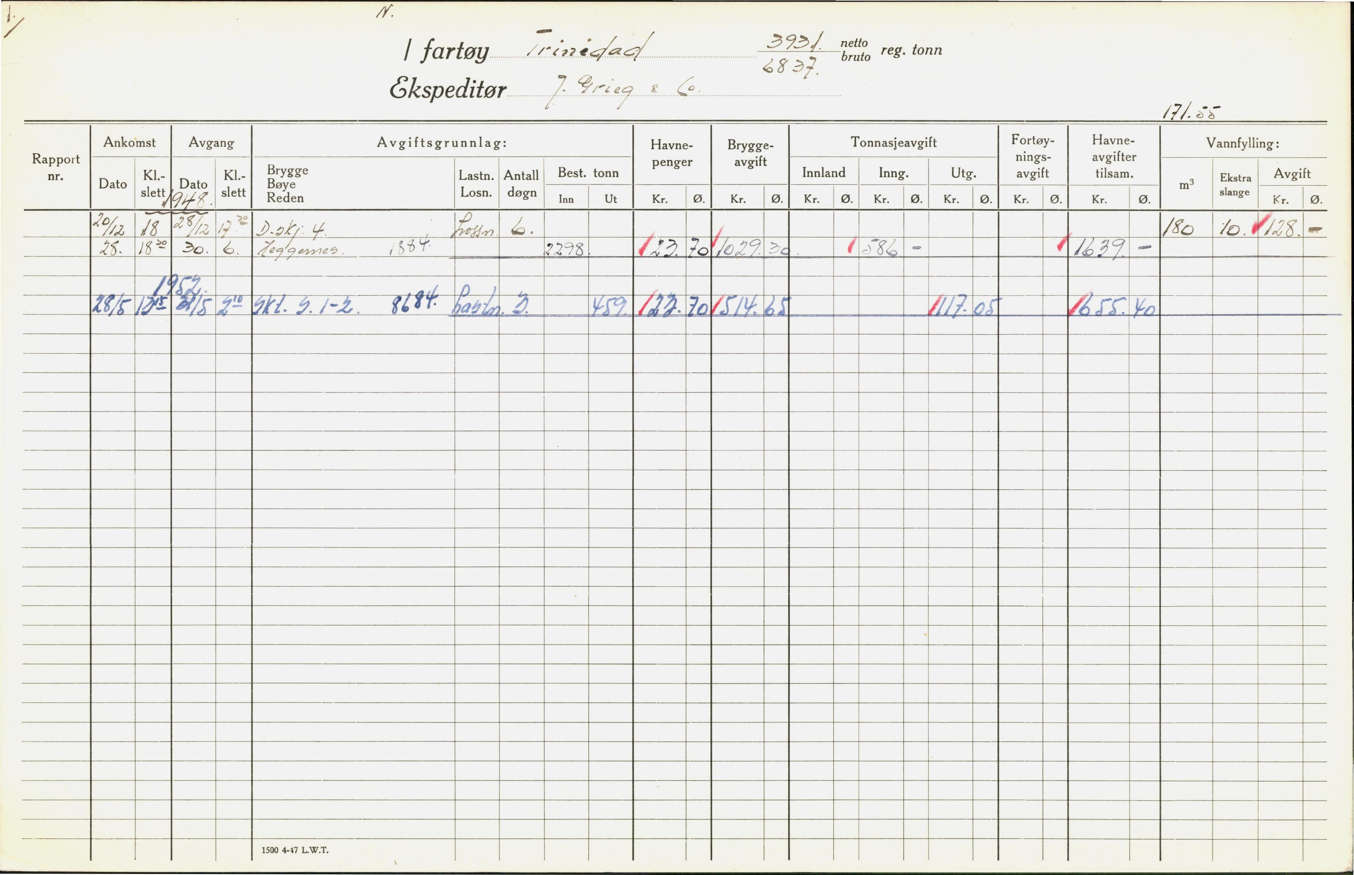 Bergen kommune. Havnekontor/havnefogd, BBA/A-0742/H/Ha/Hac/L0059: Skipsregister Trinidad-Ulrika, 1941-1975