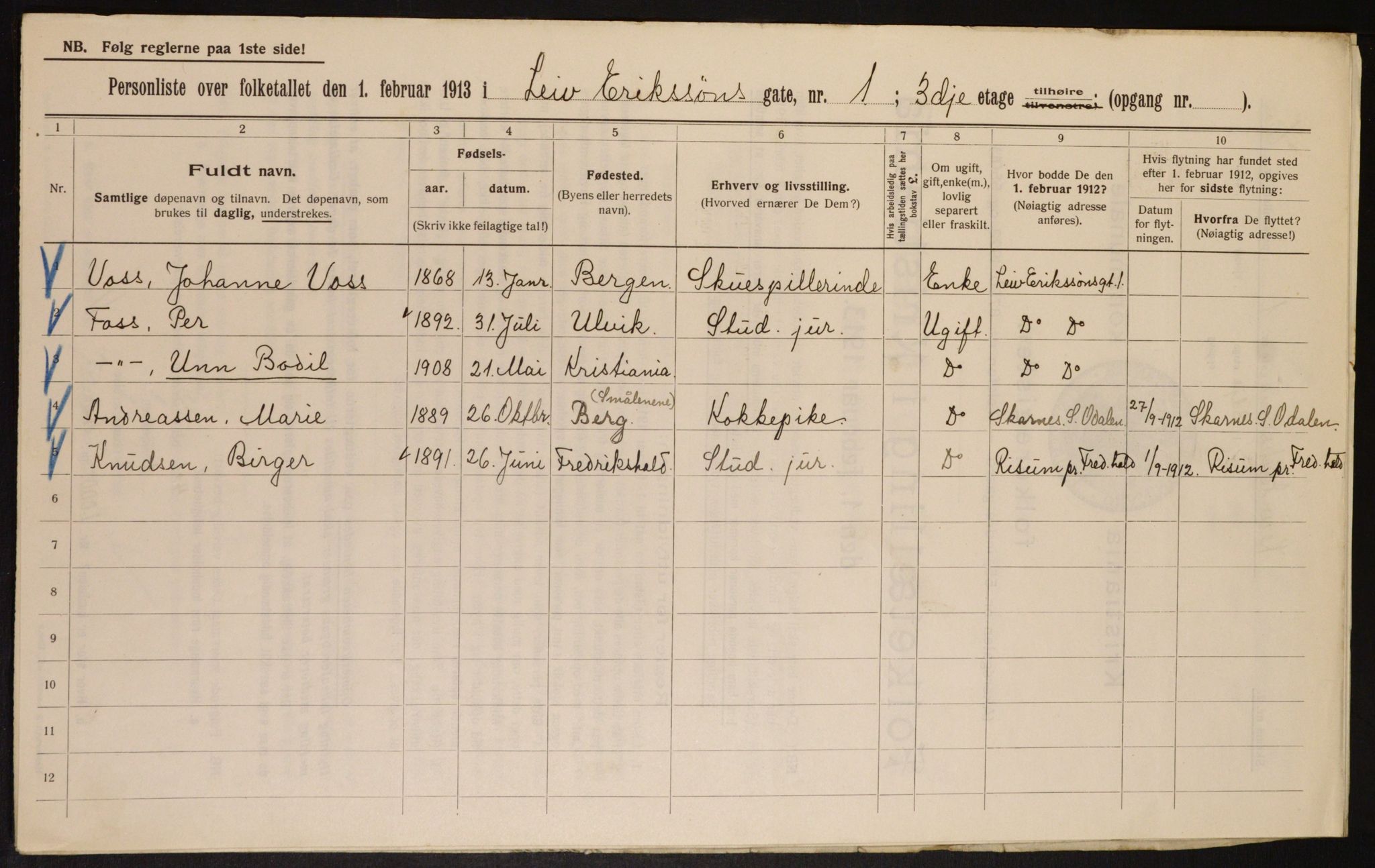 OBA, Municipal Census 1913 for Kristiania, 1913, p. 57192