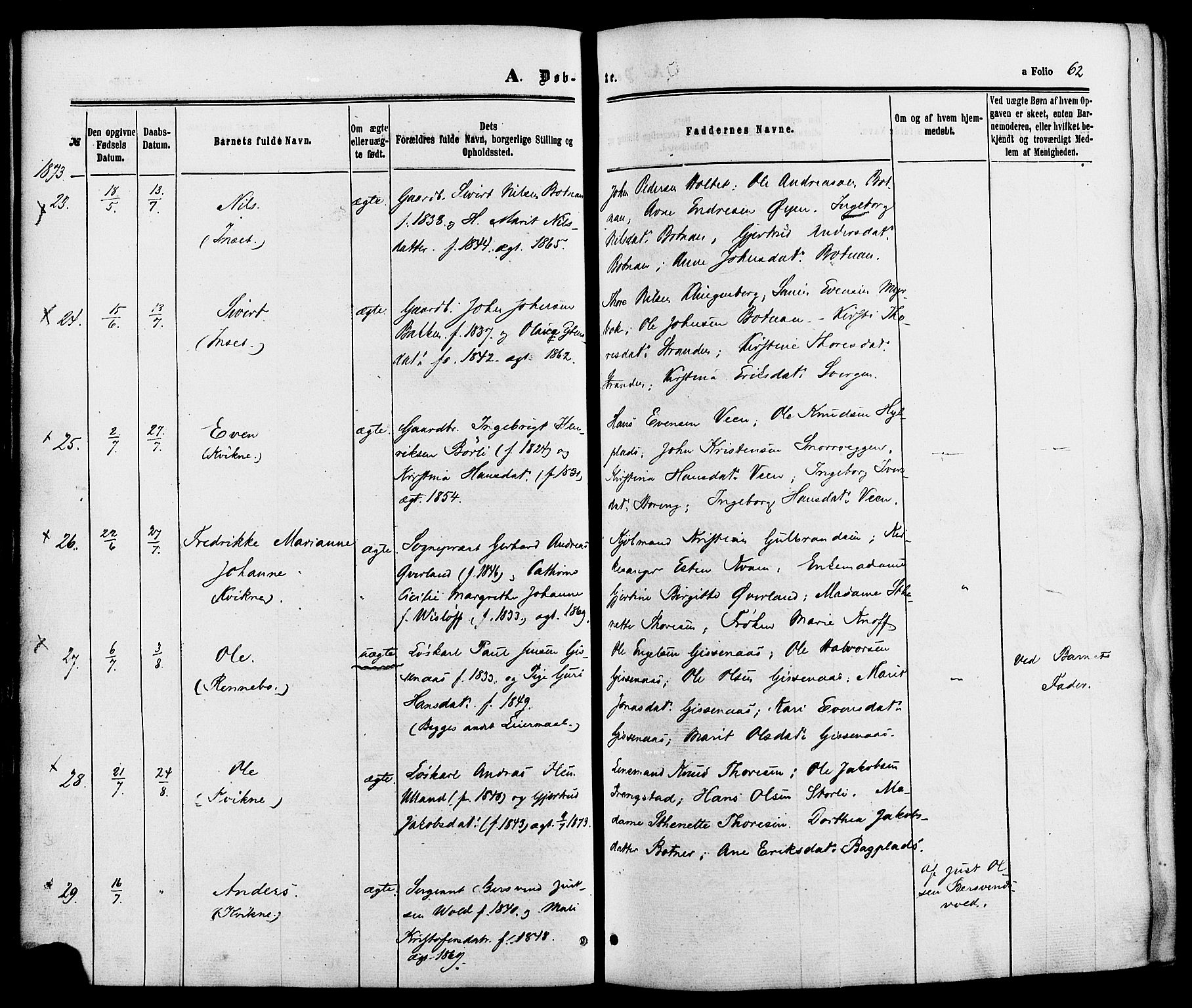 Kvikne prestekontor, AV/SAH-PREST-064/H/Ha/Haa/L0006: Parish register (official) no. 6, 1863-1886, p. 62